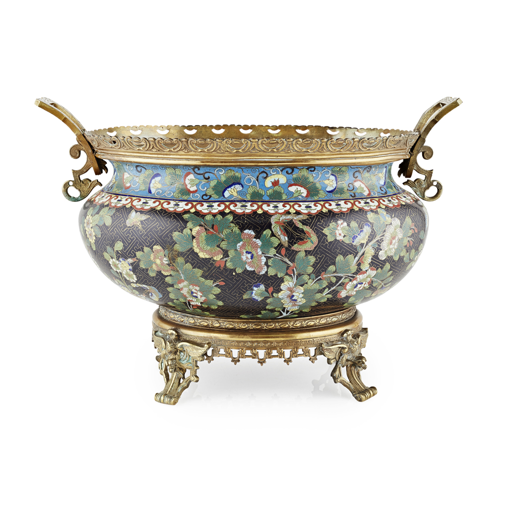 FRENCH GILT BRONZE MOUNTED CHINESE CLOISONNÉ ENAMEL JARDINIÈRE