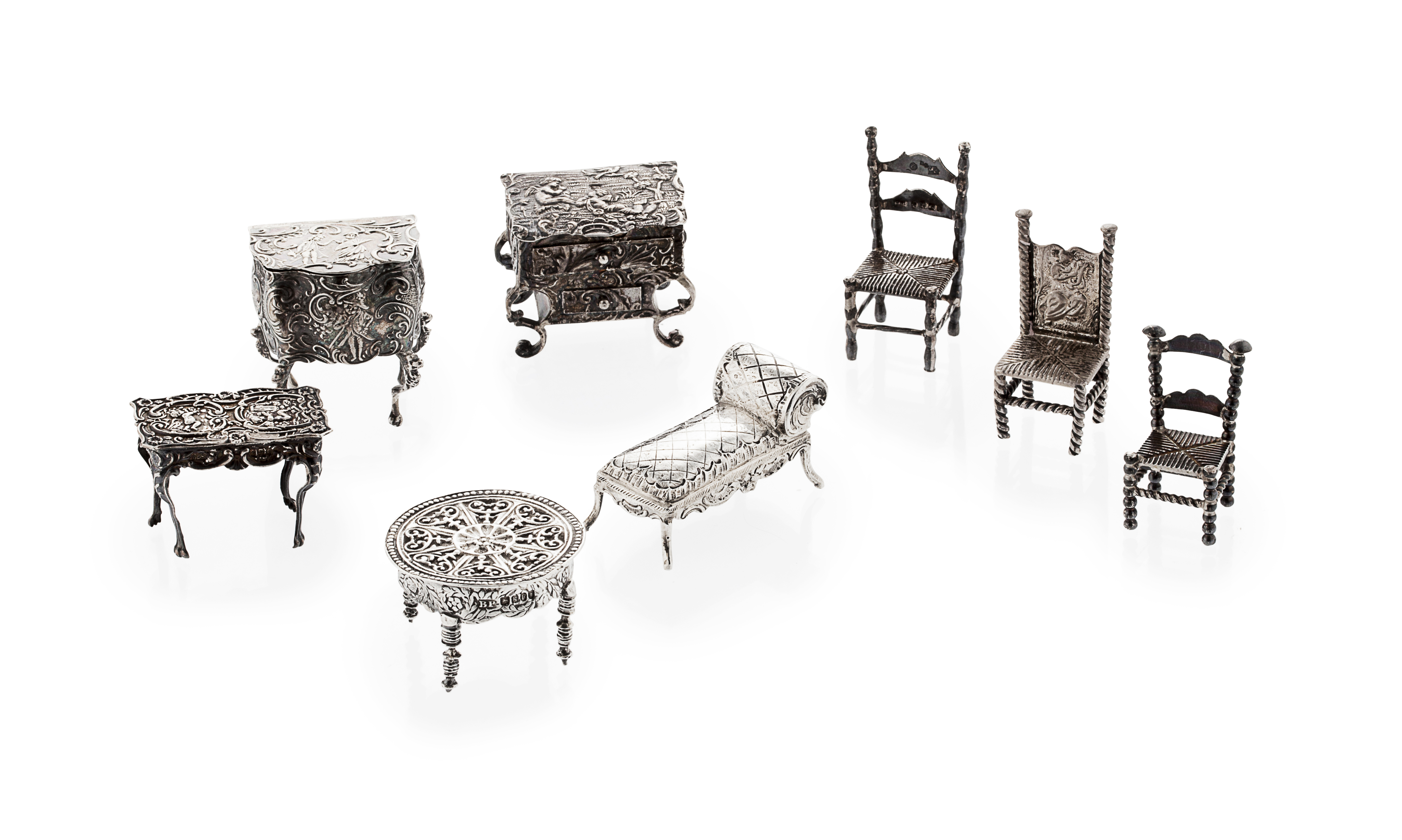 A collection of Dutch 19th century miniature silver furniture