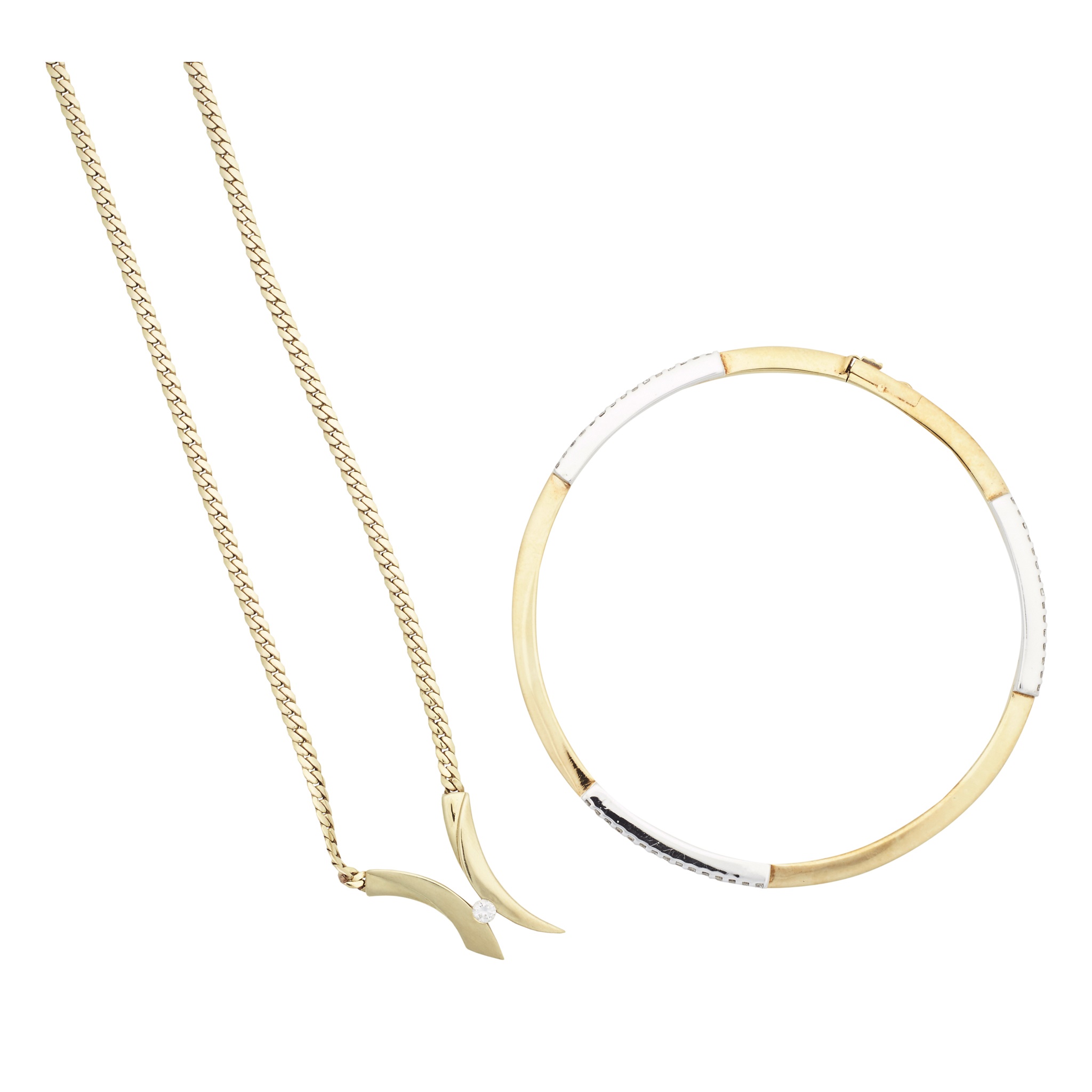 A modern diamond set bangle and pendant necklace