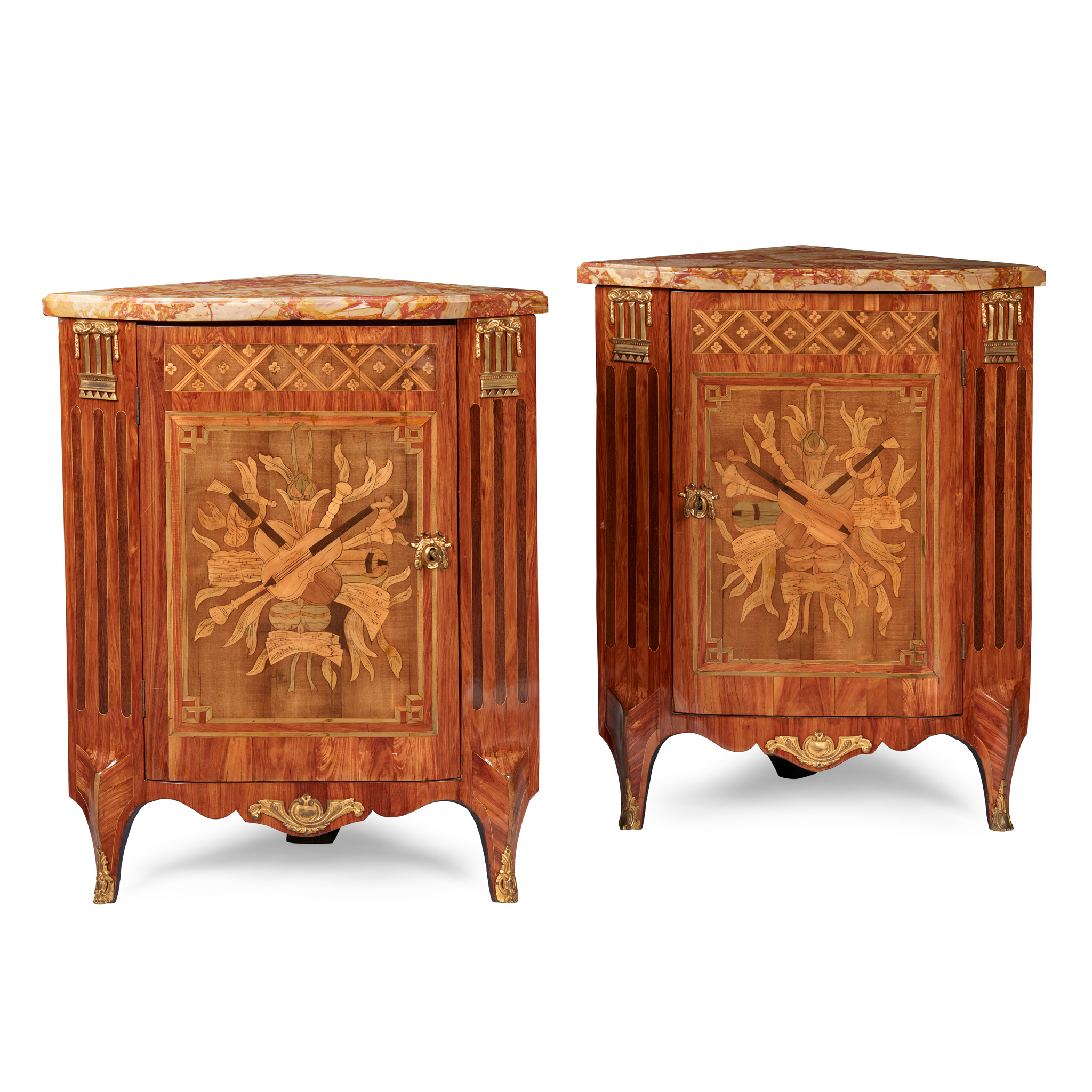 PAIR OF LOUIS XV KINGWOOD, TULIPWOOD, AND FRUITWOOD MARQUETRY ENCOIGNURES, BY PIERRE ROUSSEL (FRENCH 1723-1782)