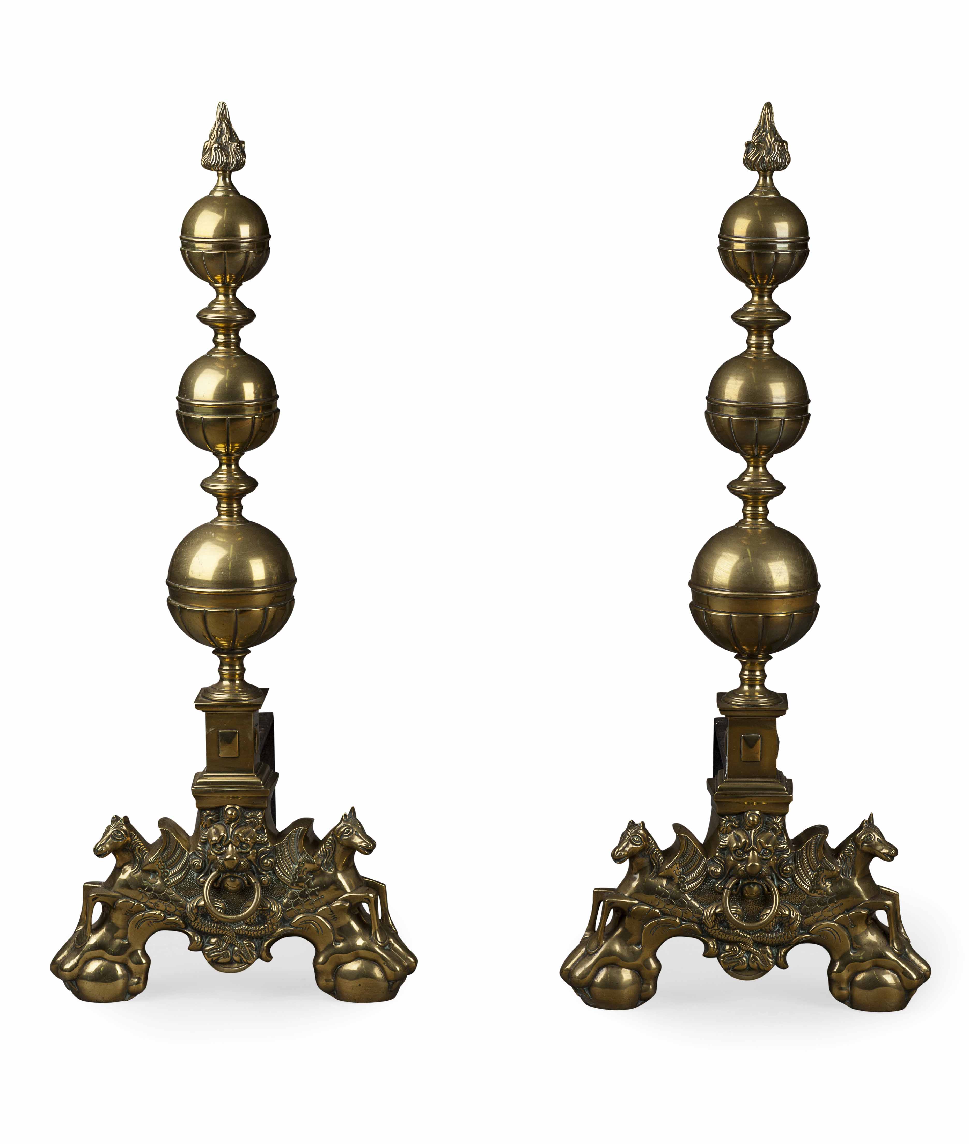 PAIR OF DUTCH BAROQUE STYLE BRASS FIRE DOGS