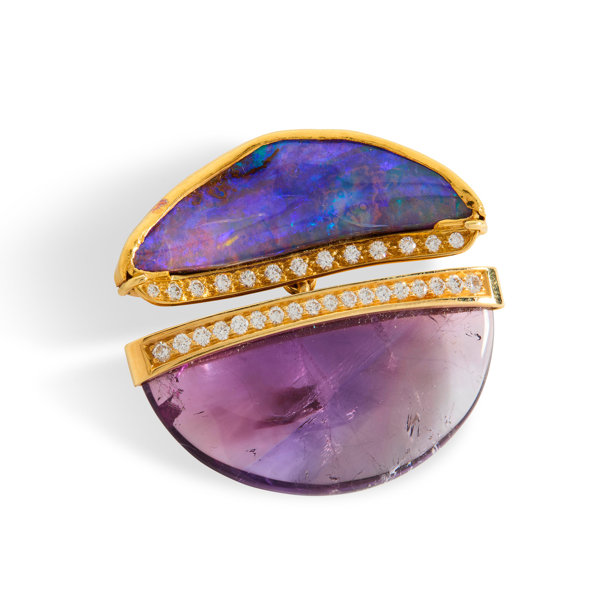 Attributed to Peter Plöderl: A black opal, amethyst and diamond brooch