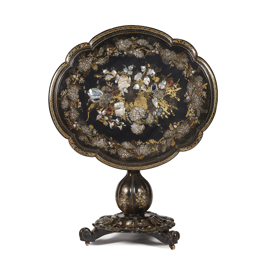 VICTORIAN PAPIER MACHE, MOTHER-OF-PEARL AND ABALONE TILT TOP TABLE