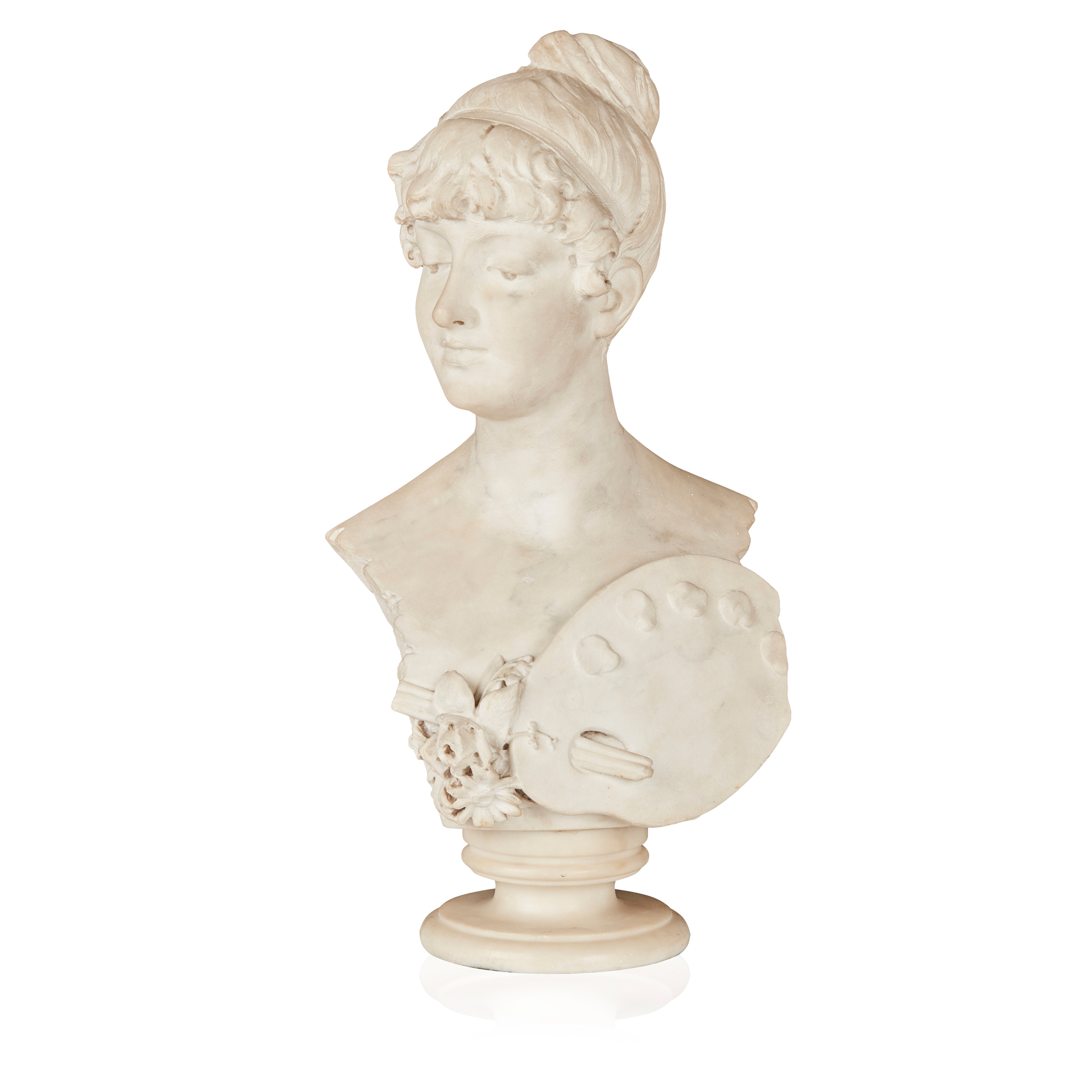 A WHITE MARBLE ART NOUVEAU BUST OF A YOUNG LADY, ALLEGORICAL OF THE FINE ARTS
