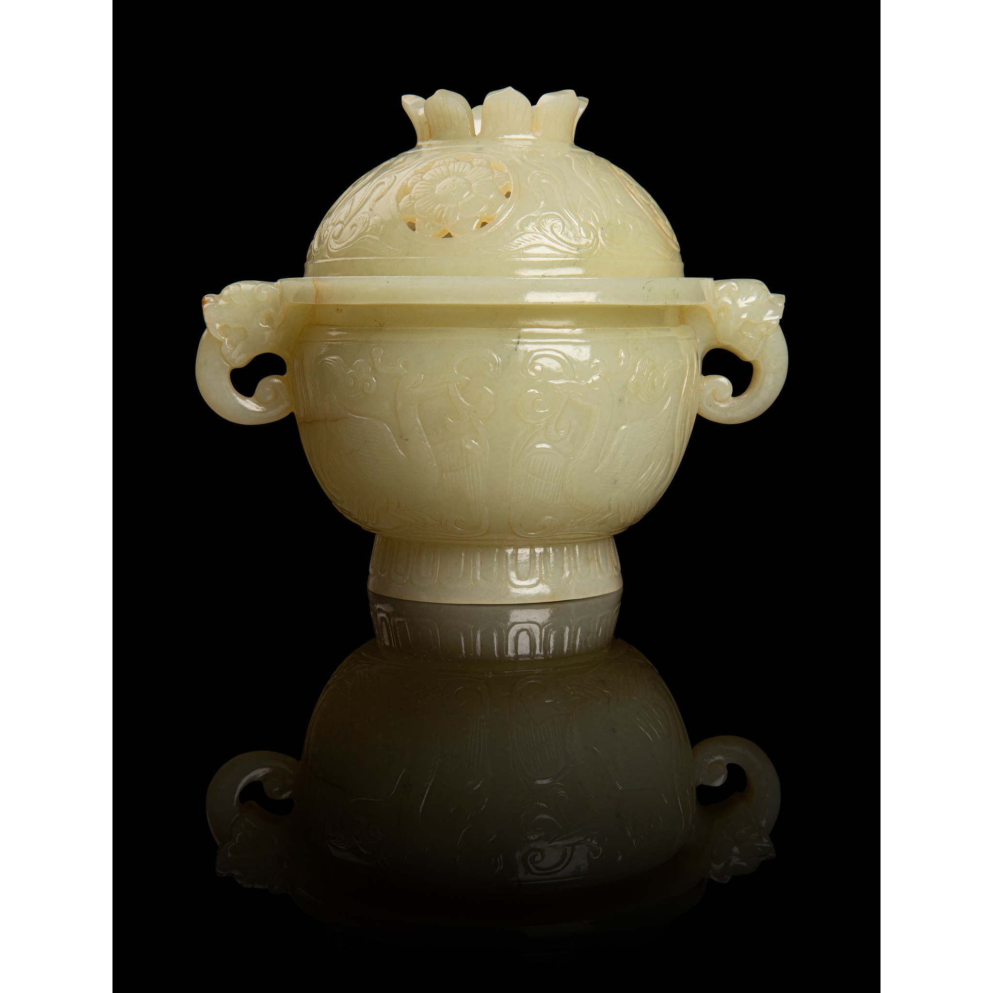 YELLOWISH PALE CELADON JADE CENSER WITH COVER