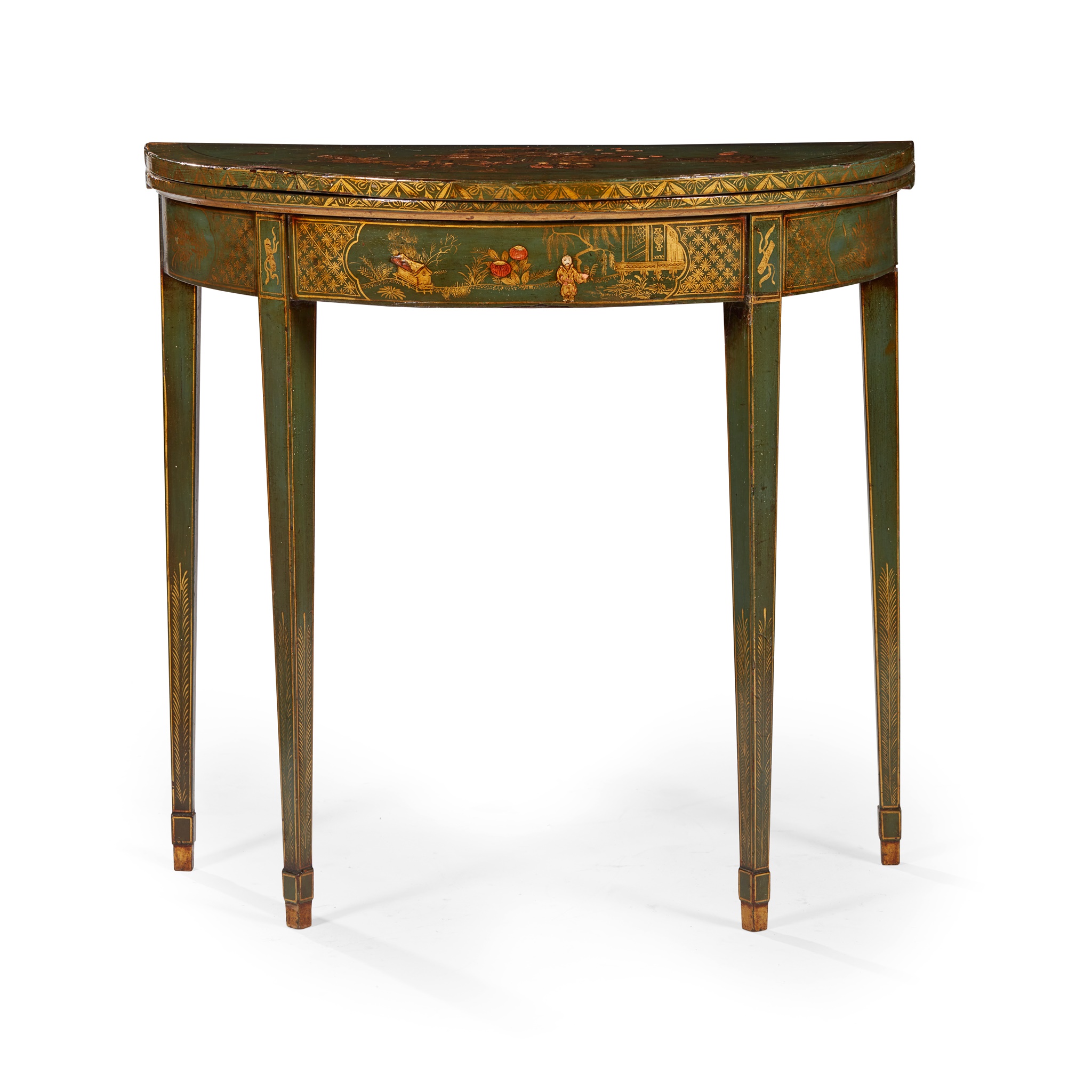 LATE GEORGE III GREEN JAPANNED DEMI-LUNE GAMES TABLE
