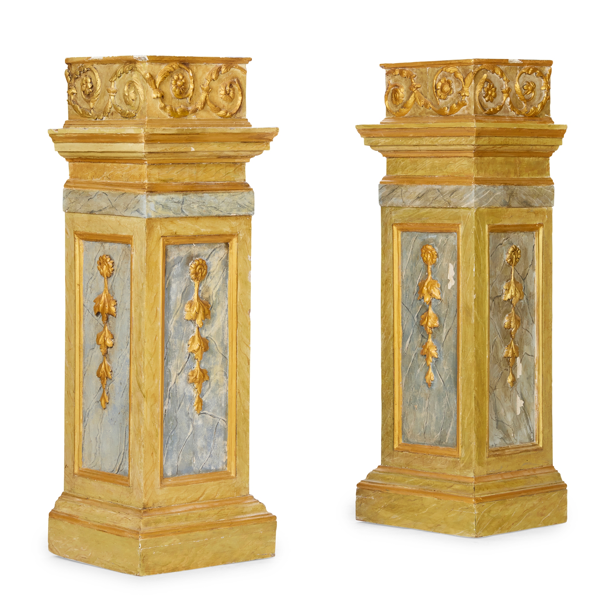 PAIR OF LARGE ITALIAN POLYCHROME AND PARCEL-GILT PEDESTALS