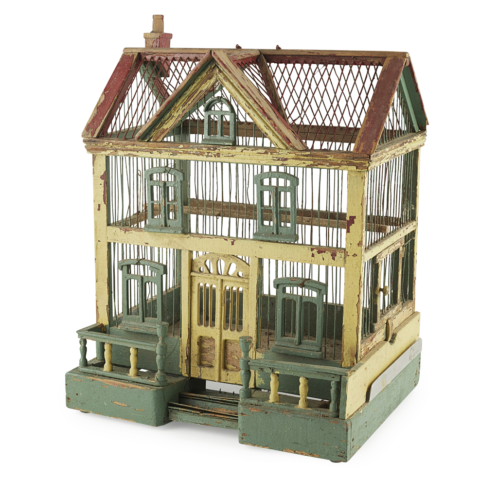 VICTORIAN PAINTED WOOD AND WIRE BIRD CAGE