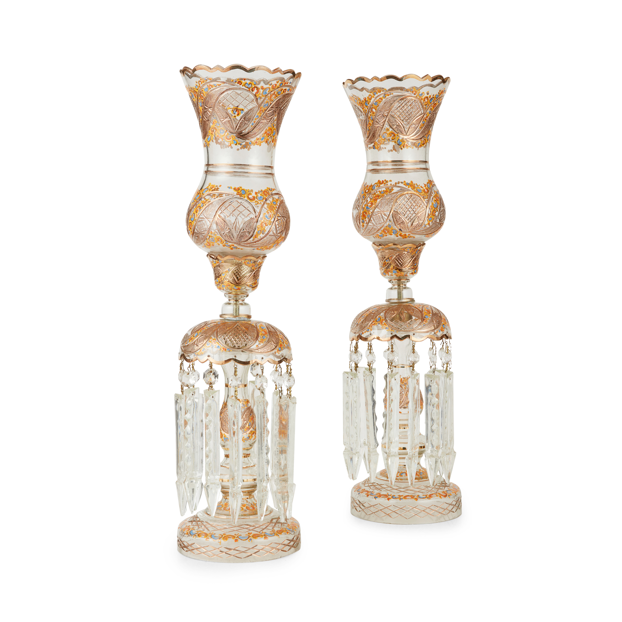 PAIR OF LARGE ENAMELLED AND GILT BOHEMIAN GLASS LUSTRES