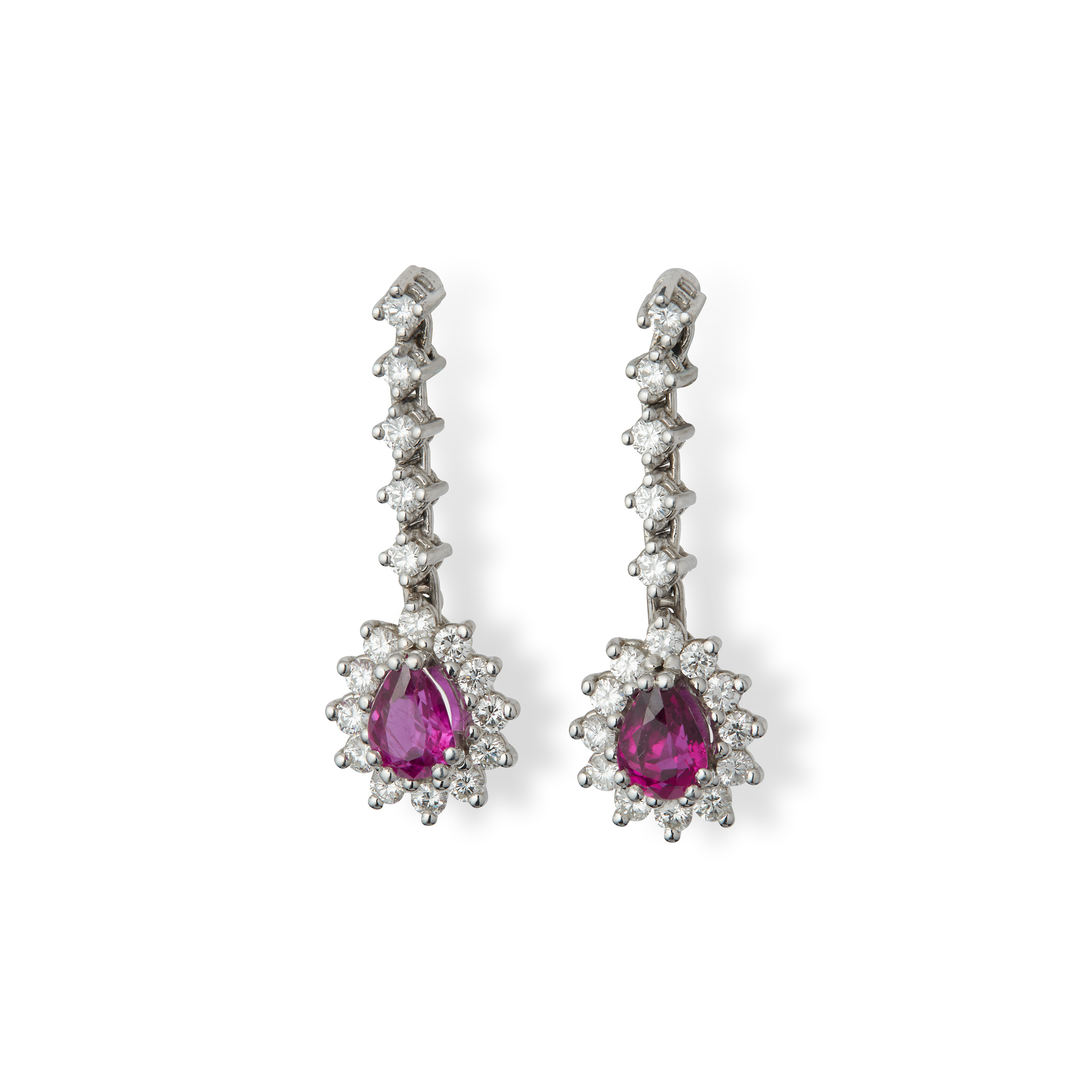 A pair of ruby and diamond pendent earrings