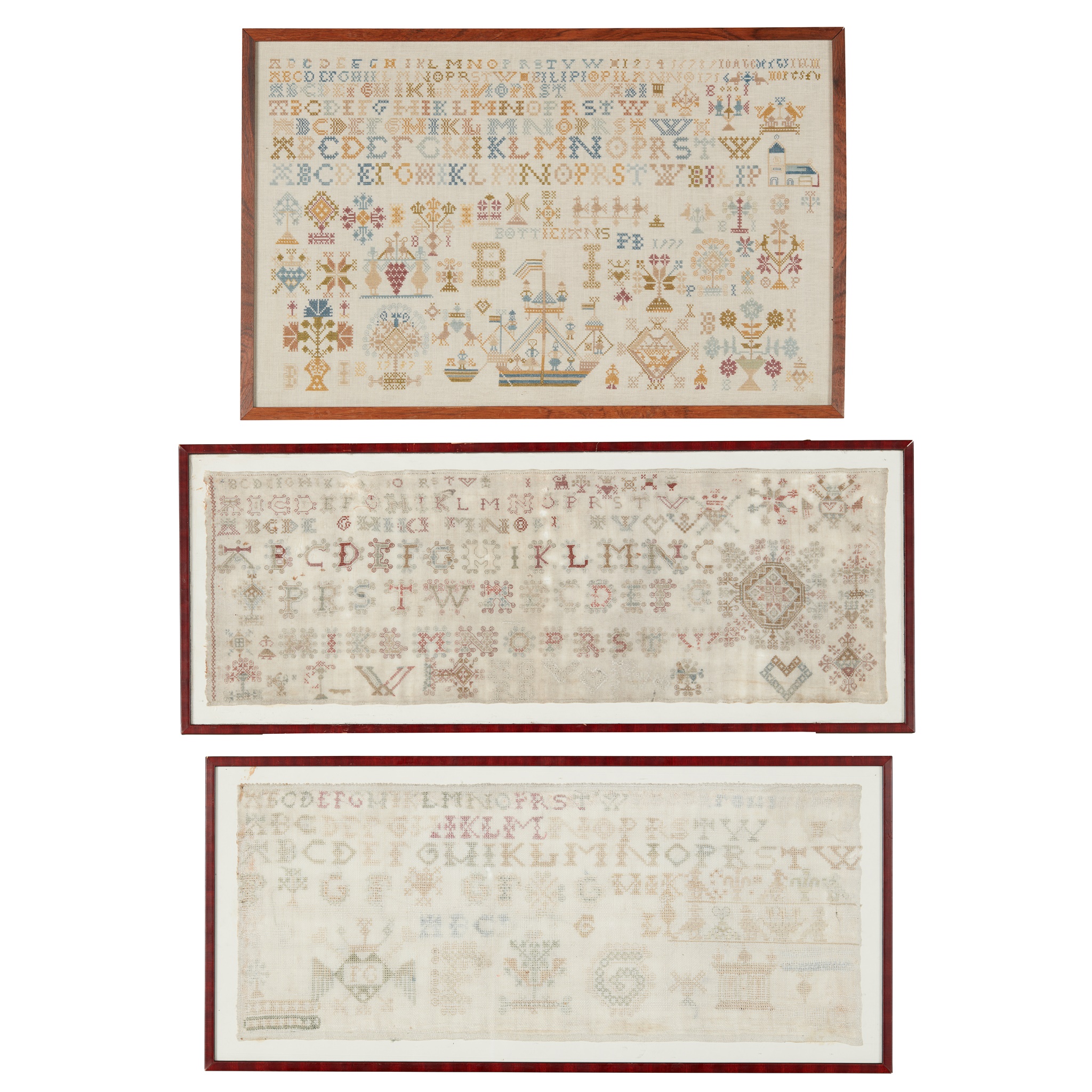 THREE NEEDLEWORK ALPHABET SAMPLERS