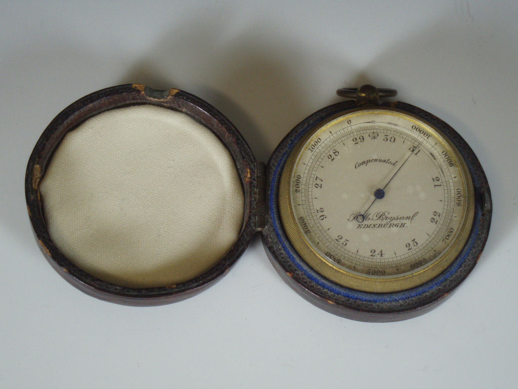 A Victorian gilt metal pocket aneroid barometer By Bryson, Edinburgh