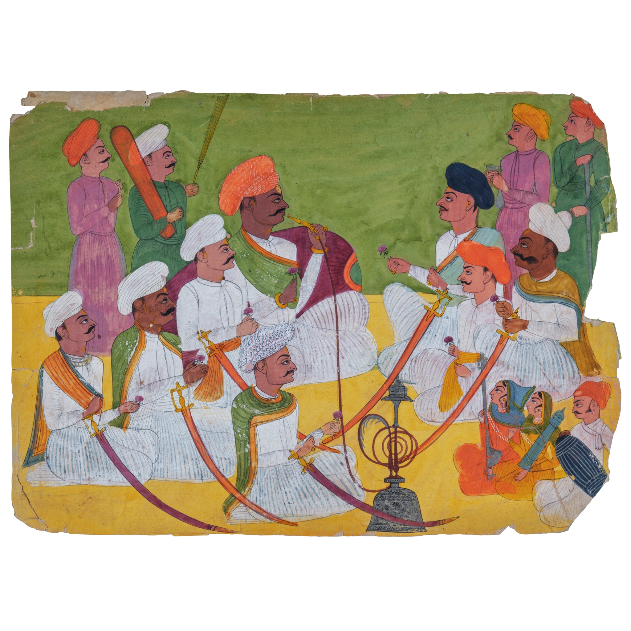 A RAJA OR THAKUR SEATED WITH COURTIERS ON A TERRACE