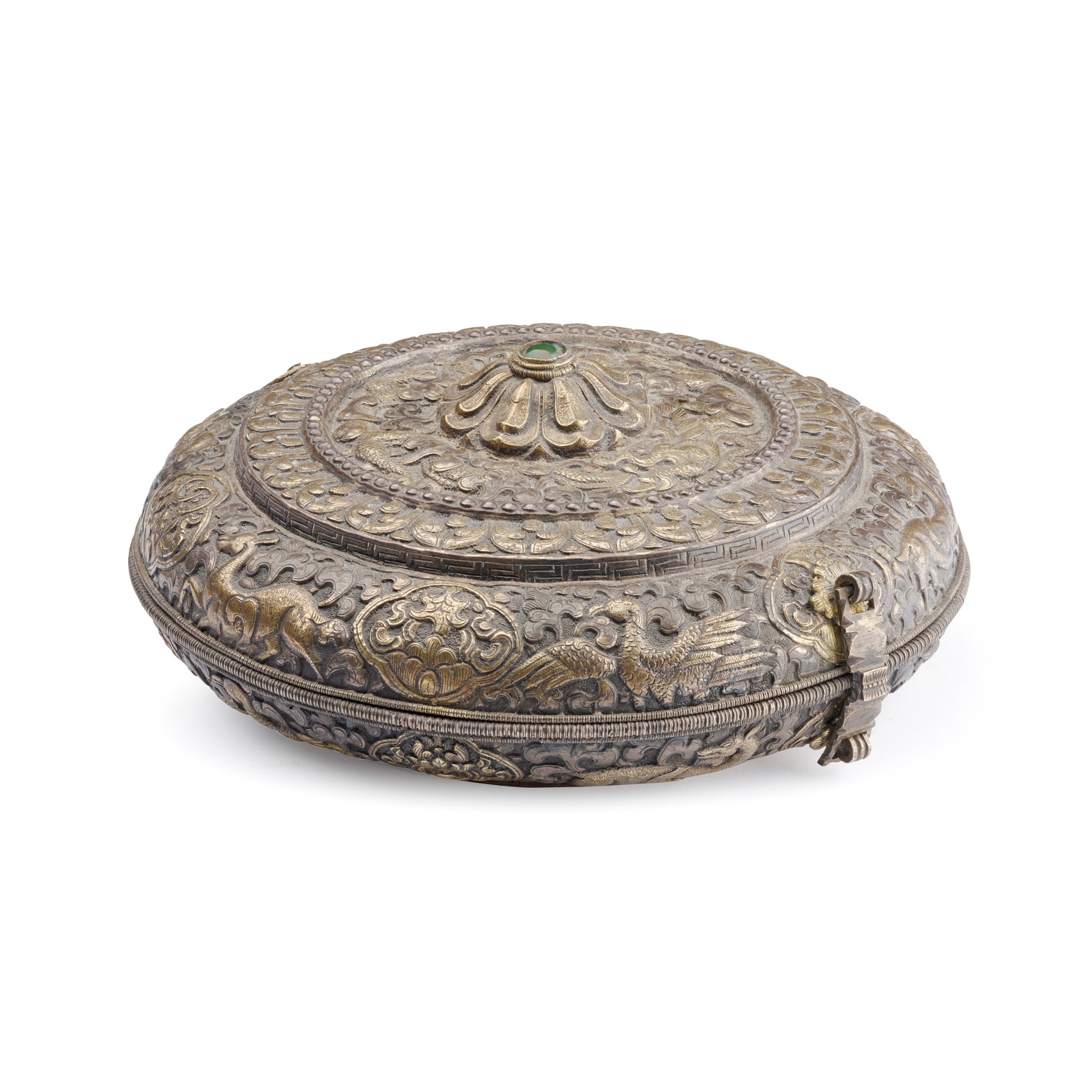 PARCEL-GILT SILVER REPOUSSÉ CIRULAR BOX AND COVER