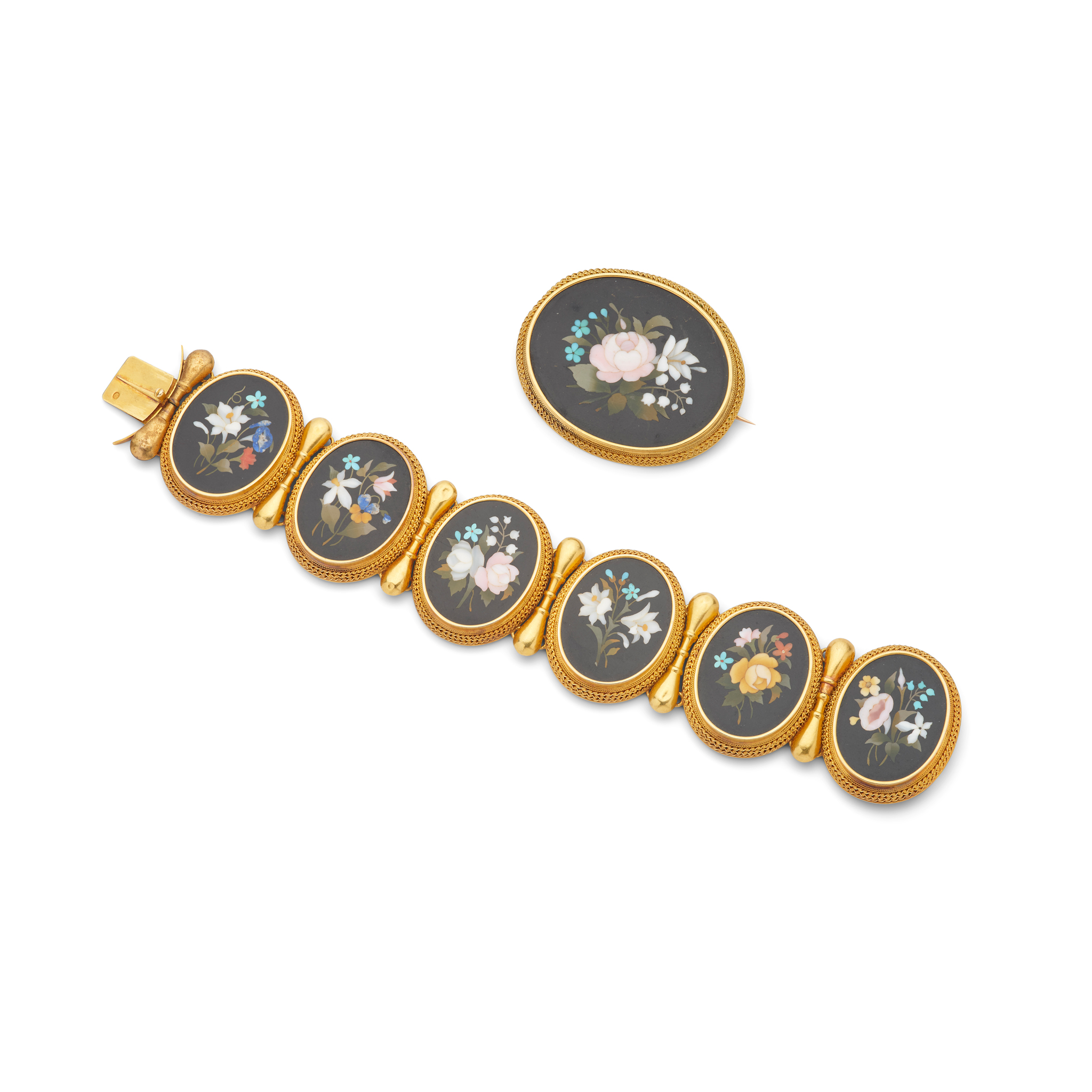A cased Florentine pietra dura bracelet and matching brooch