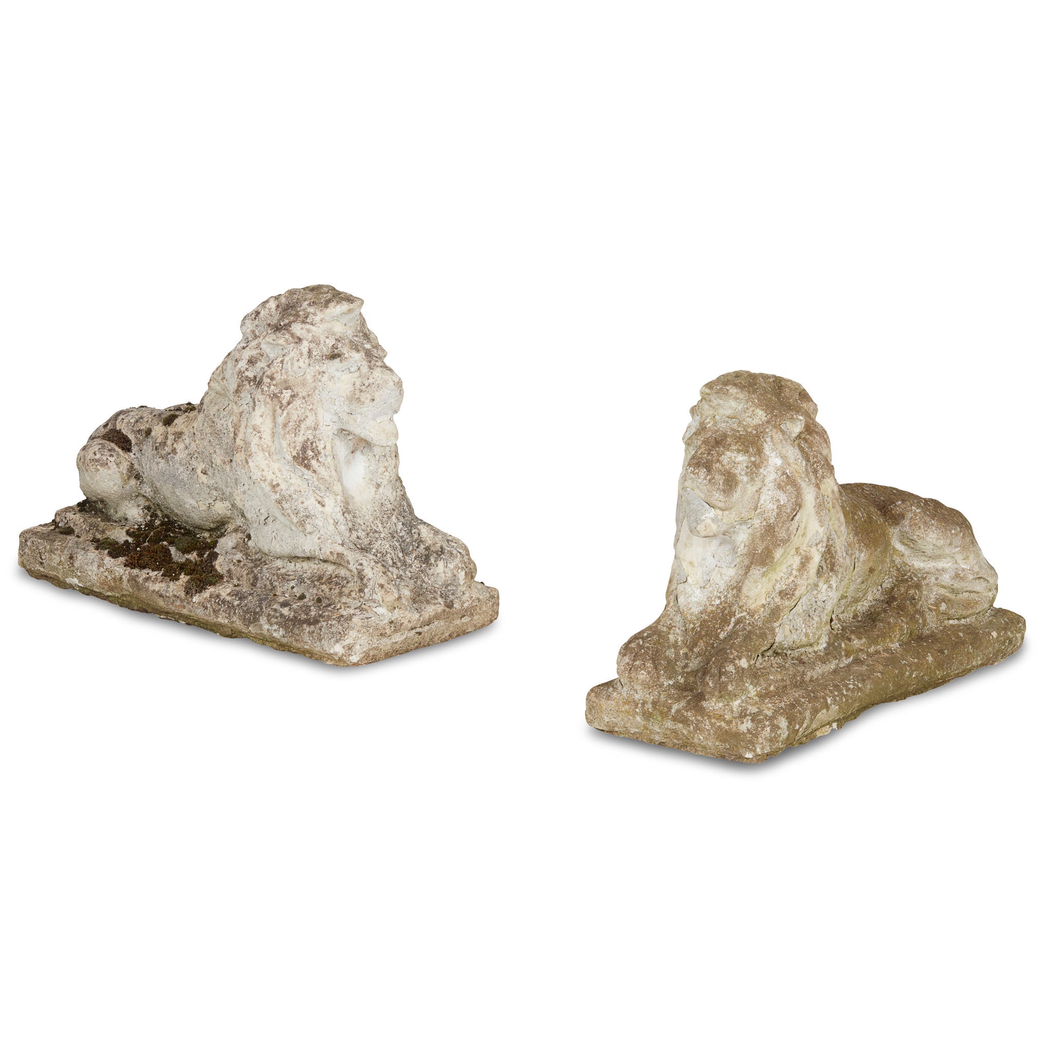 PAIR OF COMPOSITION STONE RECUMBENT LIONS