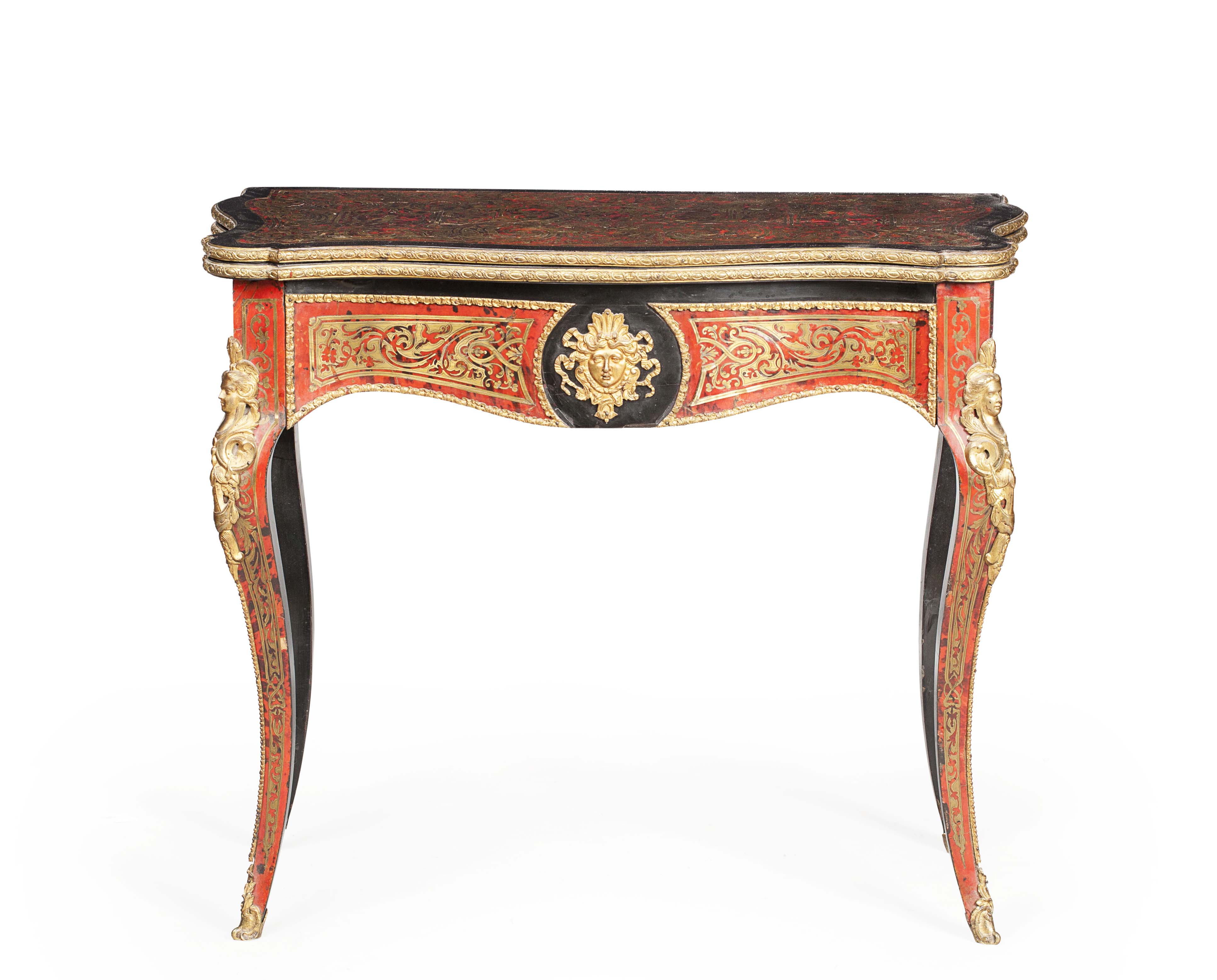 NAPOLEON III BOULLE MARQUETRY AND EBONISED SERPENTINE FOLDOVER CARD TABLE