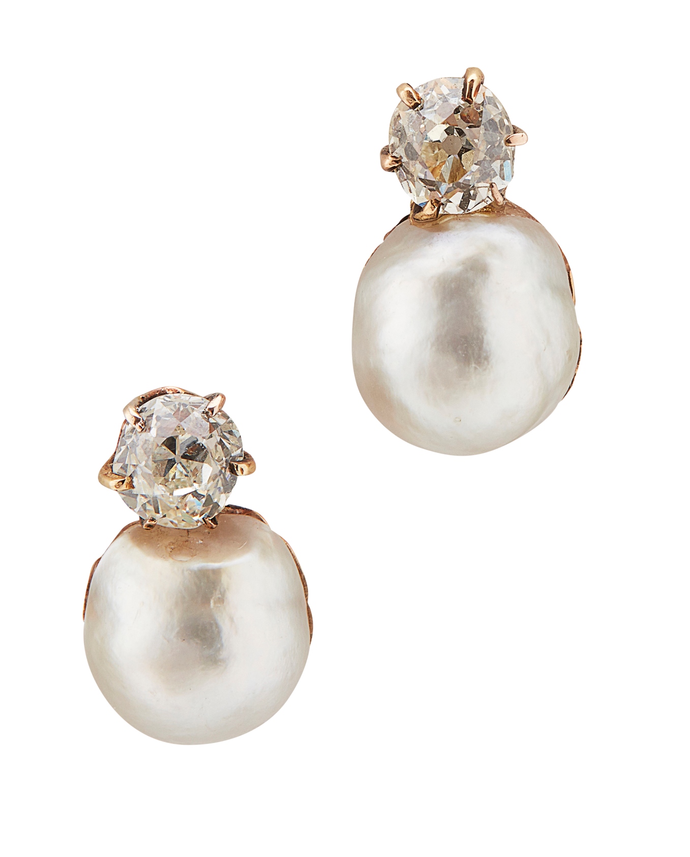 A pair of natural saltwater pearl and diamond set earrings