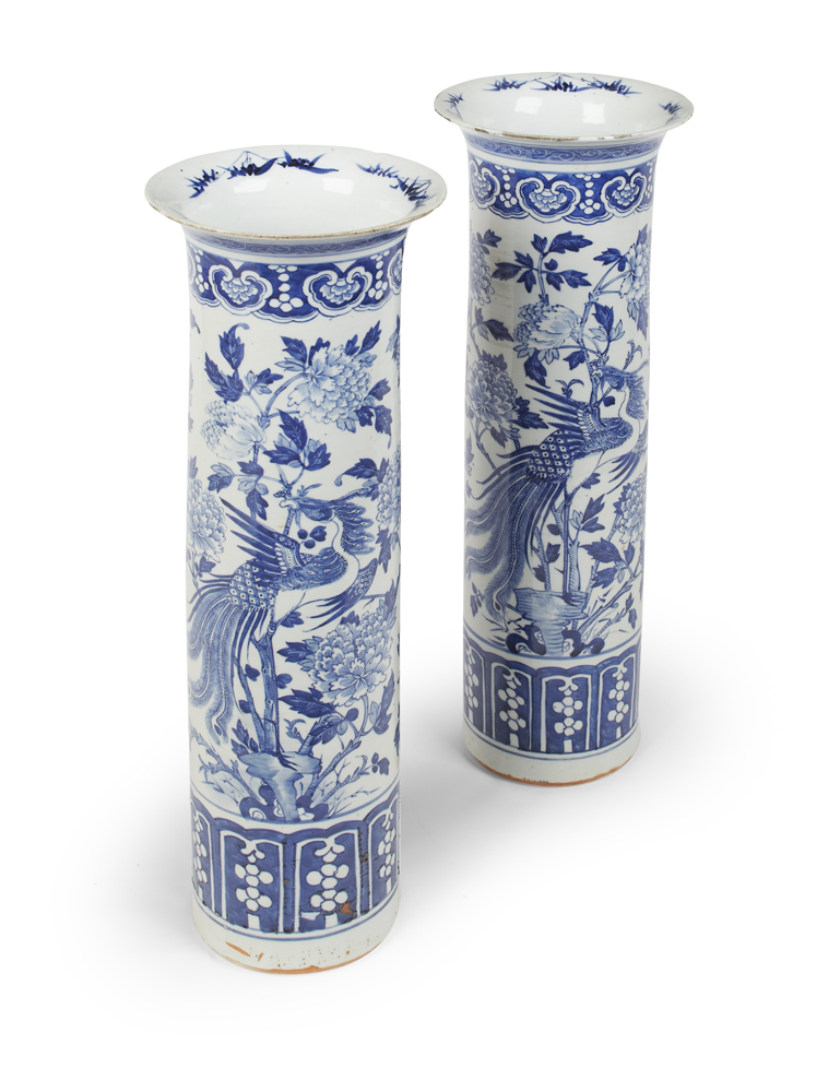 PAIR OF CHINESE TALL BLUE AND WHITE VASES