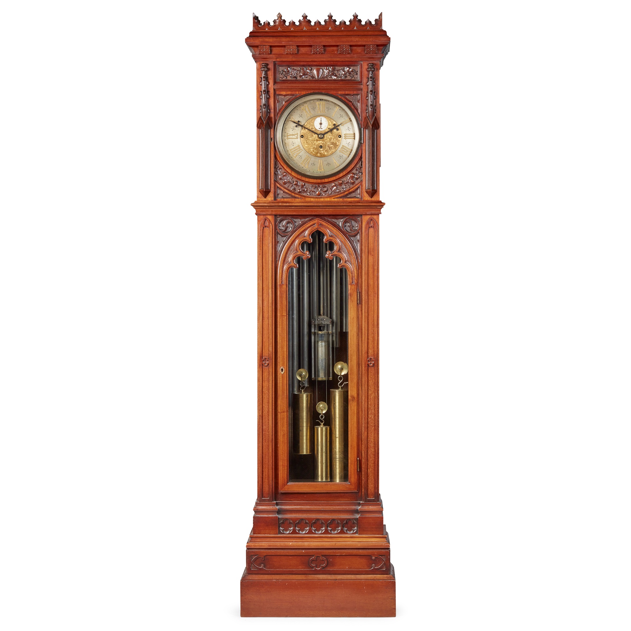 VICTORIAN CARVED OAK GOTHIC STYLE CHIMING LONGCASE CLOCK, ATTRIBUTED TO J J ELLIOTT