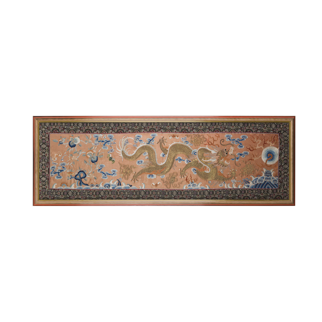 EMBROIDERED RUST-RED GROUND 'DRAGON' PANEL