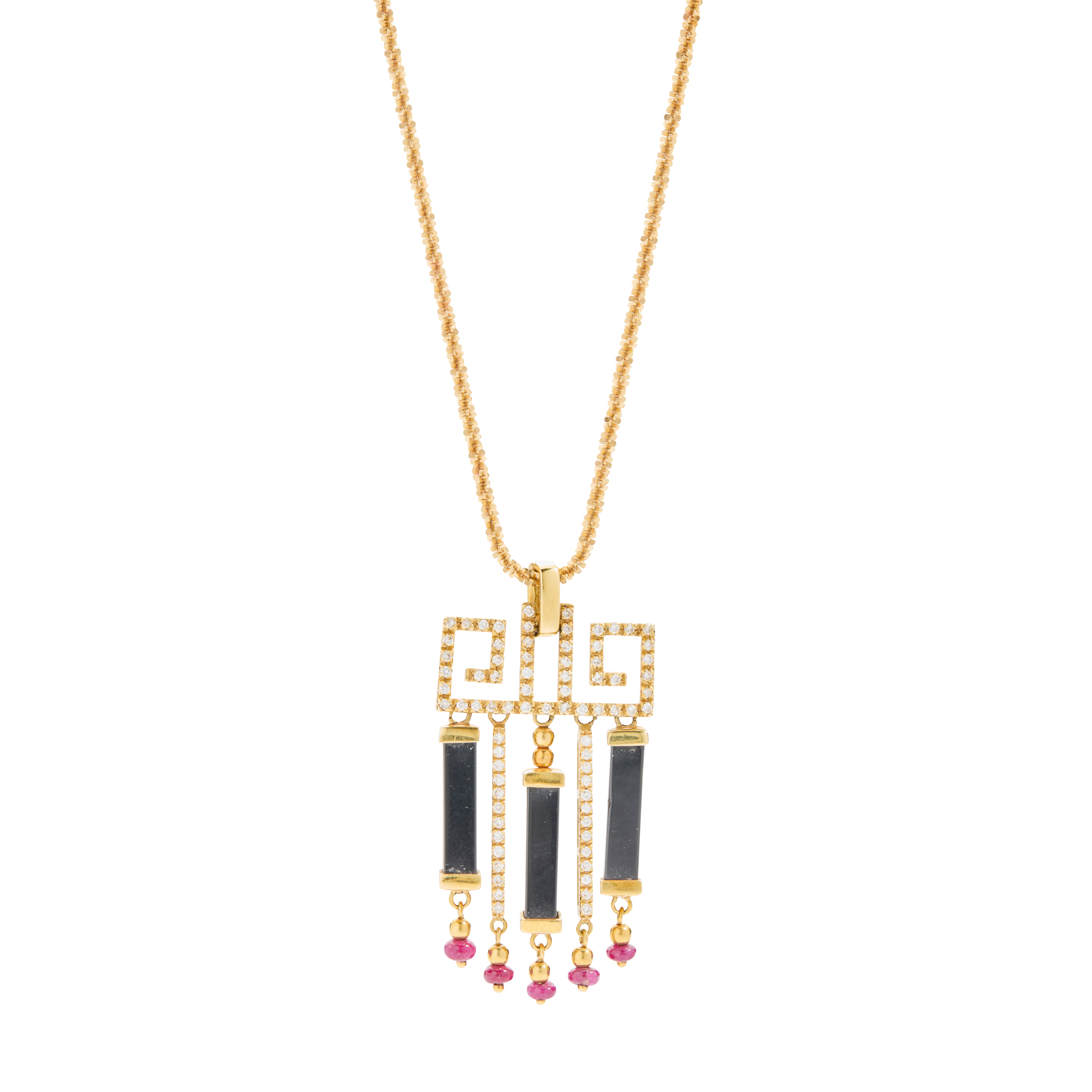 A diamond, onyx and ruby pendant necklace
