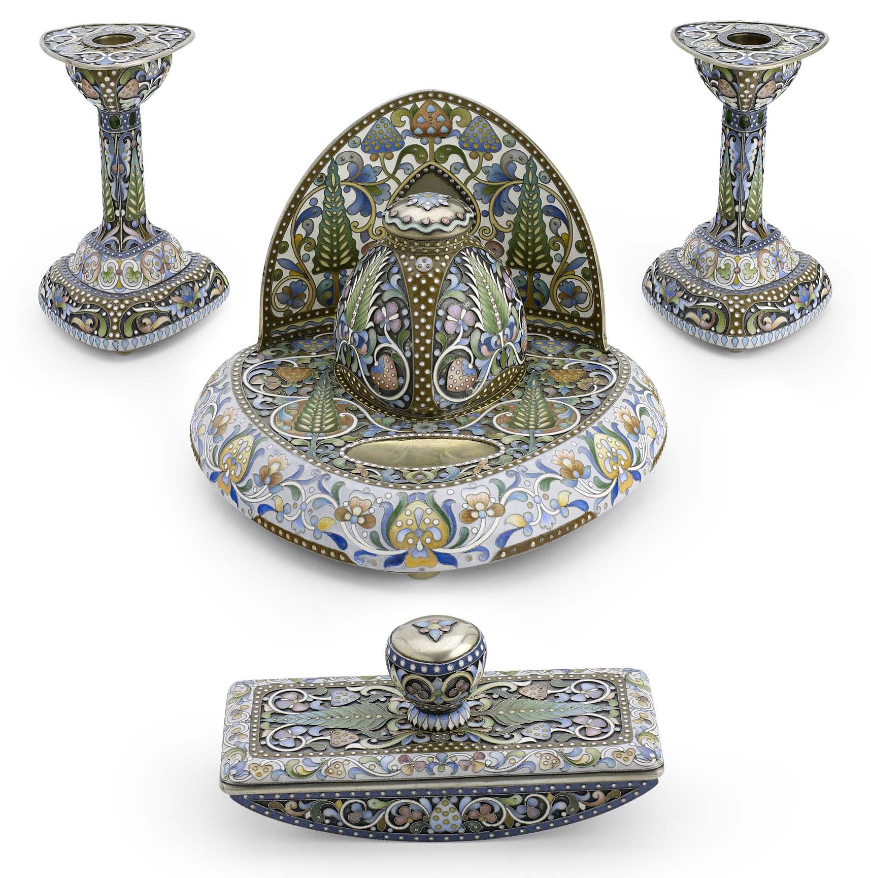 A Russian silver-gilt and shaded cloisonné enamel desk set