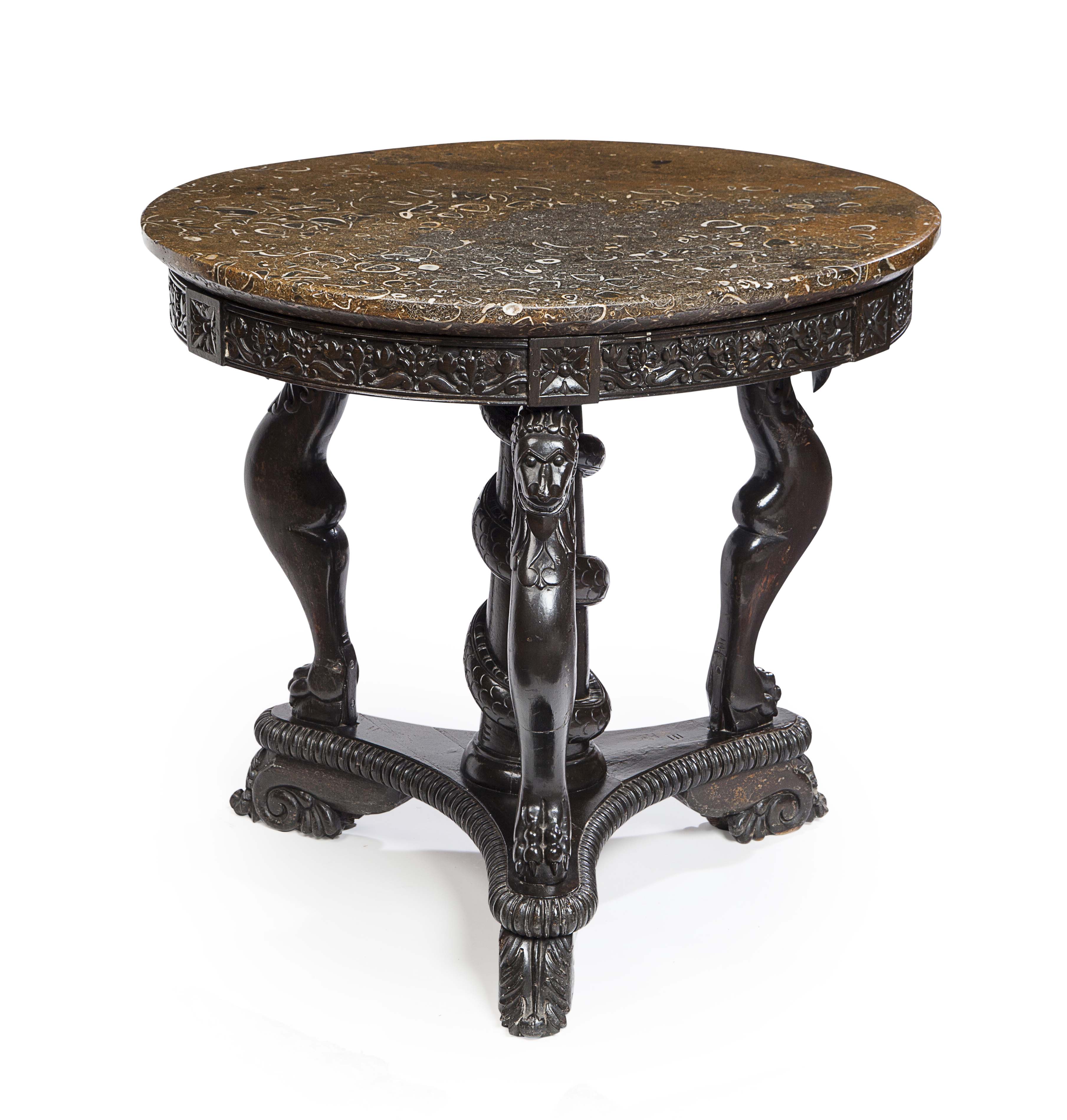 REGENCY FOSSILIZED MARBLE TOPPED PAINTED HARDWOOD CENTRE TABLE