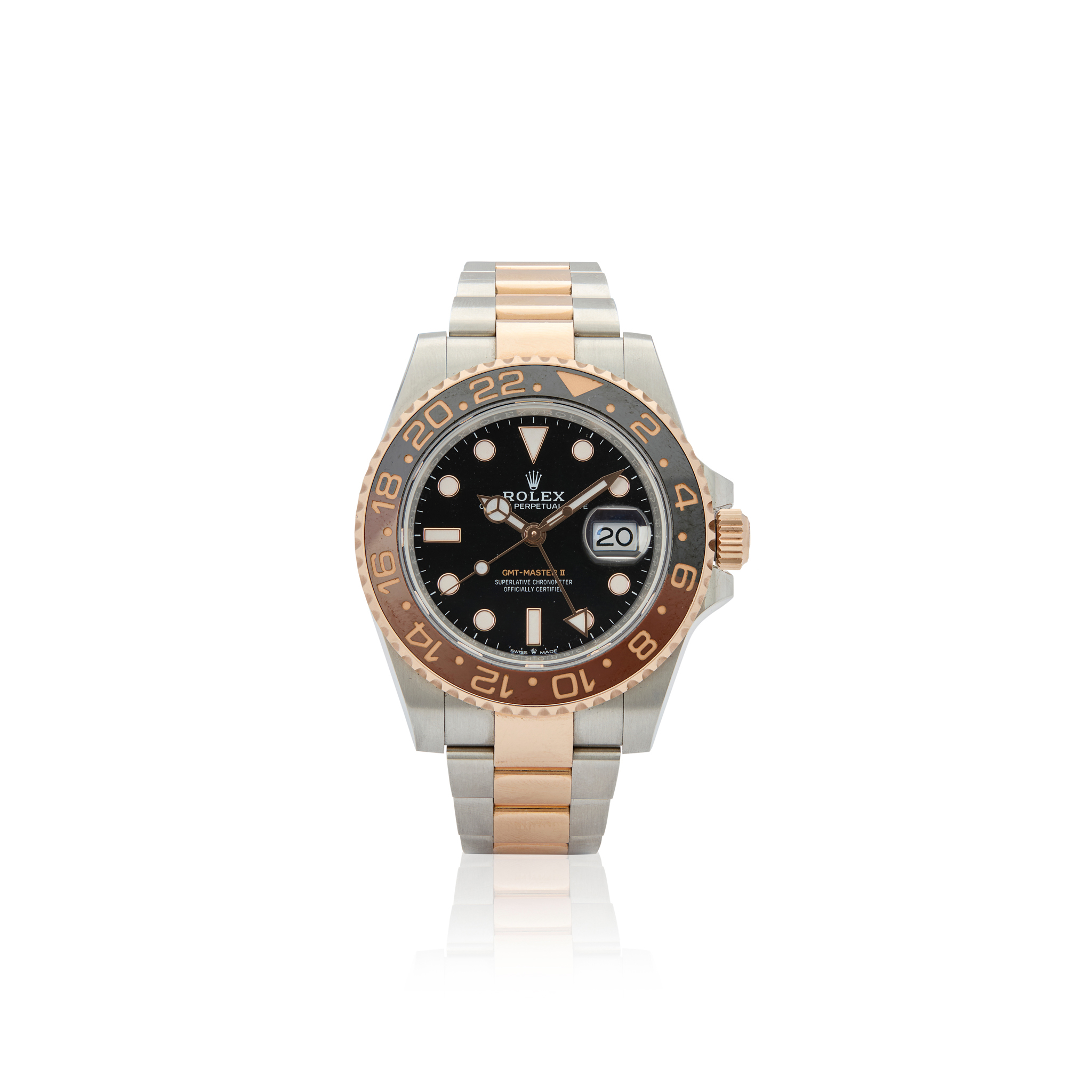 Rolex. A highly popular stainless steel and pink gold automatic dual-time wristwatch
