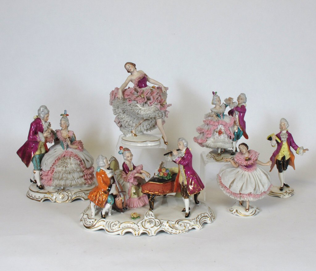 Six 20th century Dresden figures