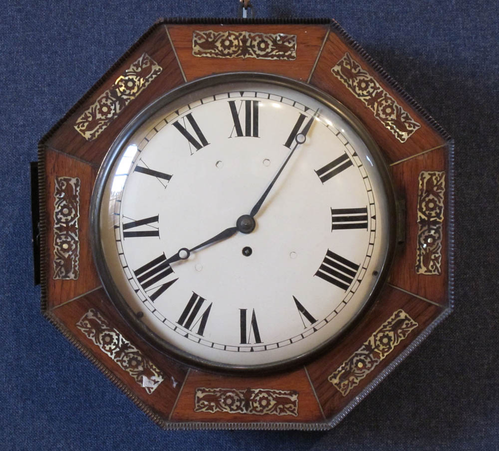 A Victorian rosewood and mother-of-pearl inlaid wall clock