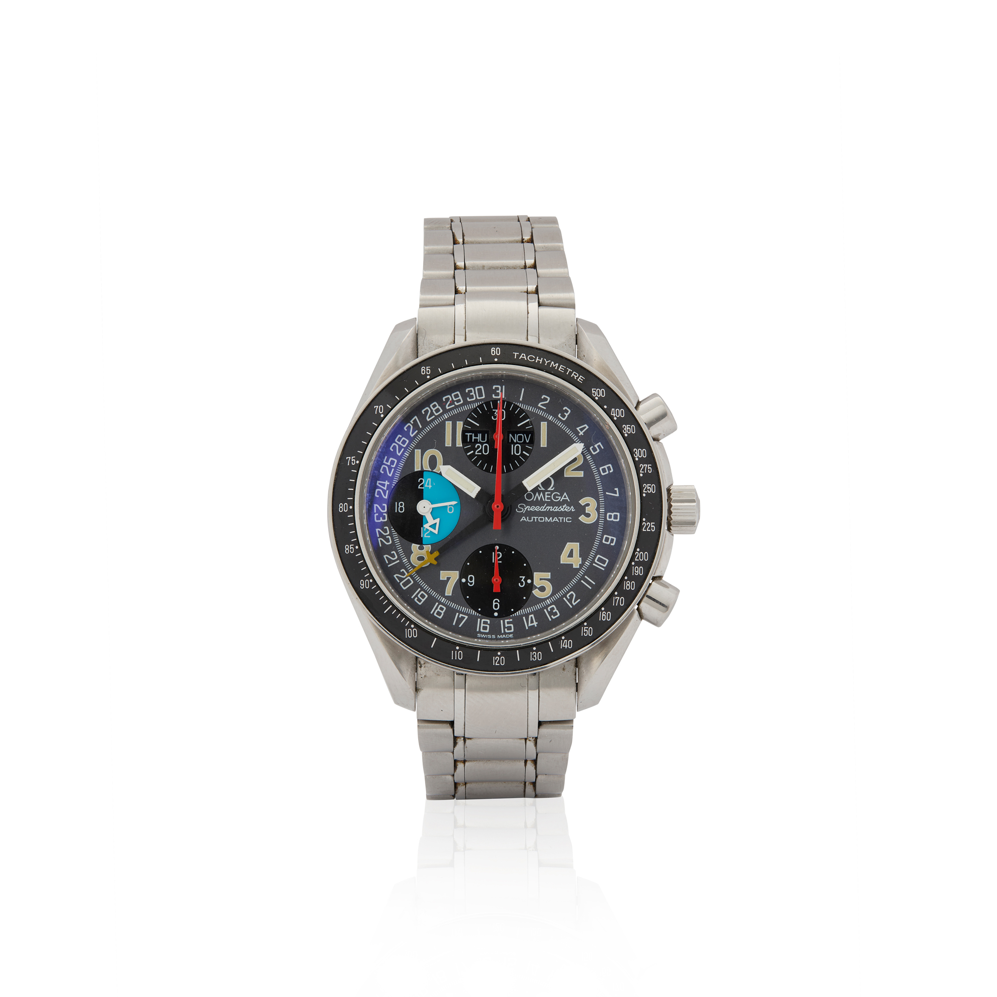 Omega. A stainless steel automatic triple calendar chronograph wristwatch with 24hr indicator