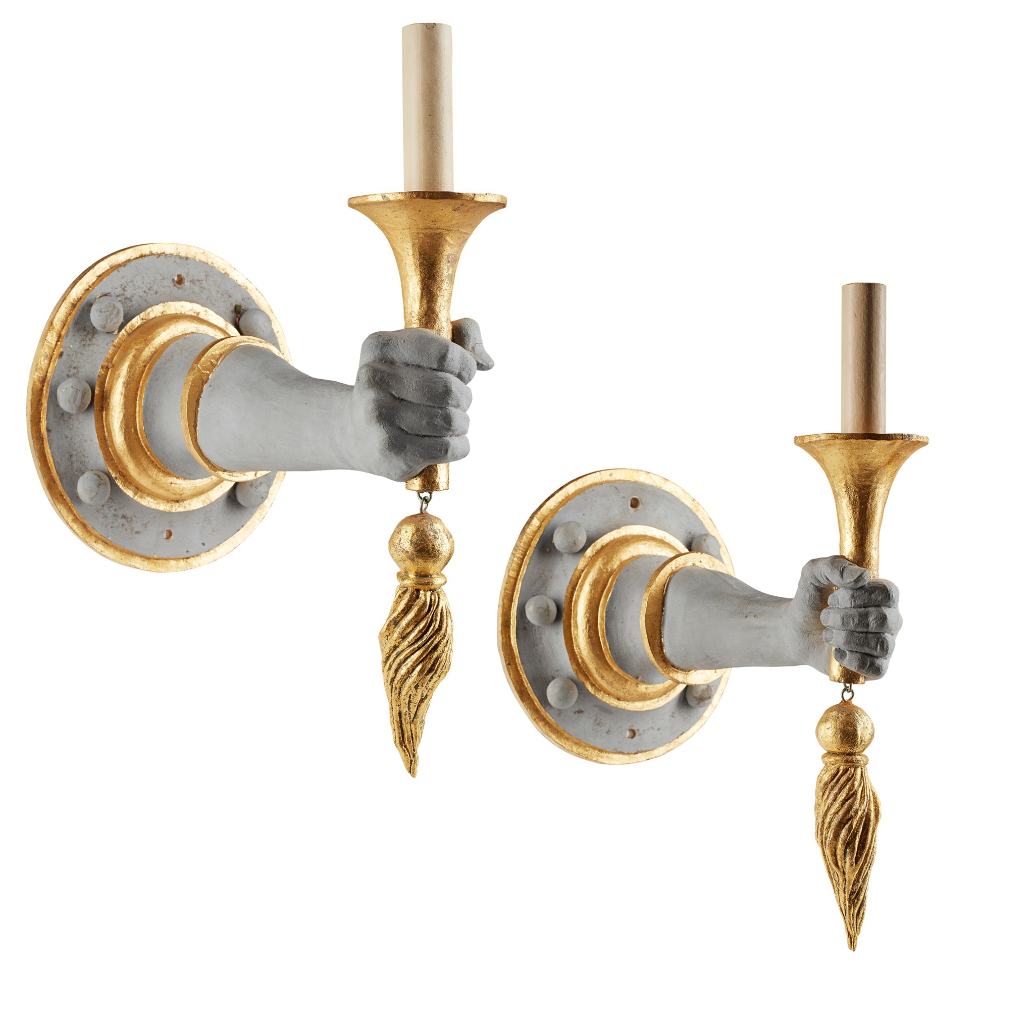 PAIR OF PAINTED AND GILT RESIN WALL LIGHTS, BY ORIEL HARWOOD