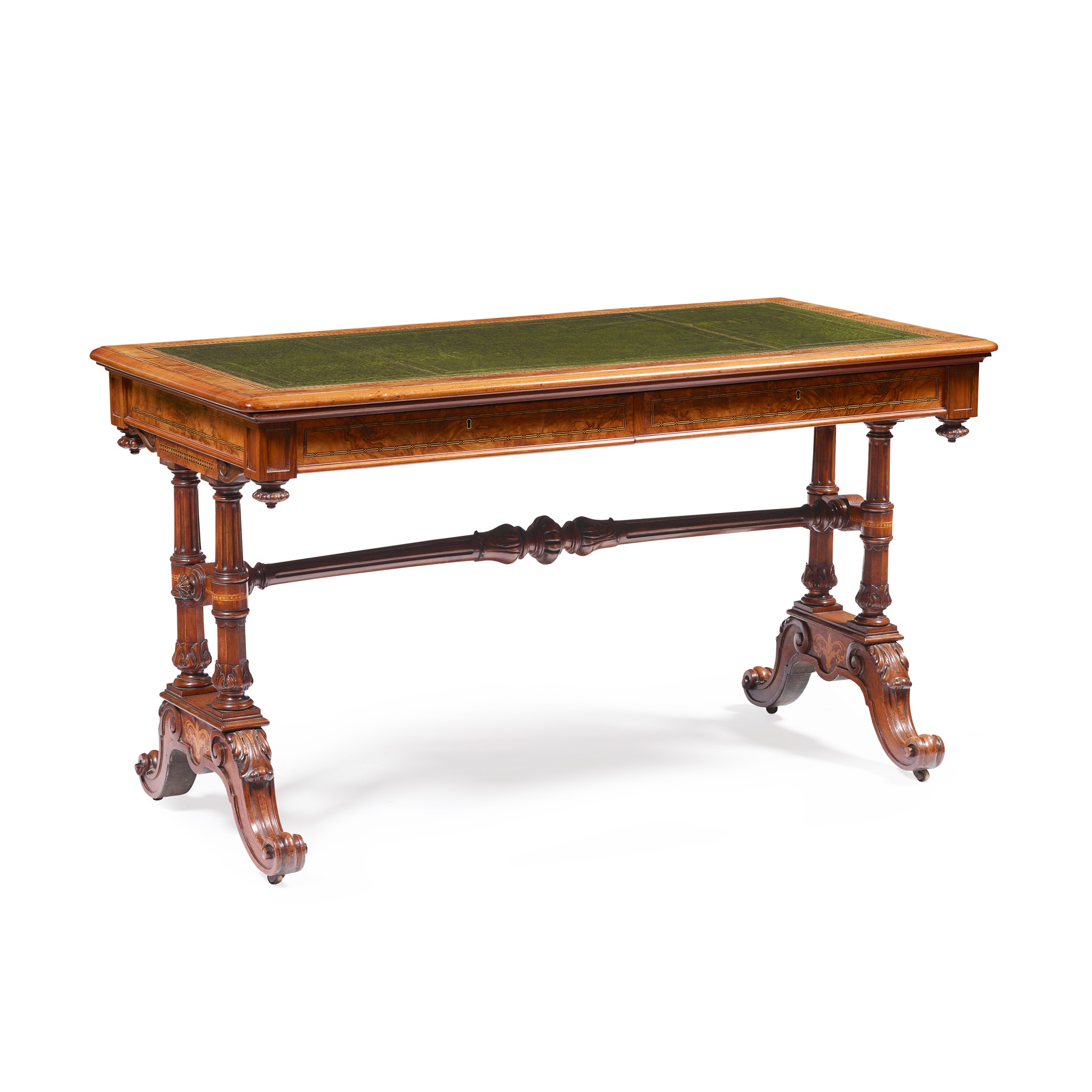 EARLY VICTORIAN WALNUT, MAHOGANY AND INLAID LIBRARY TABLE