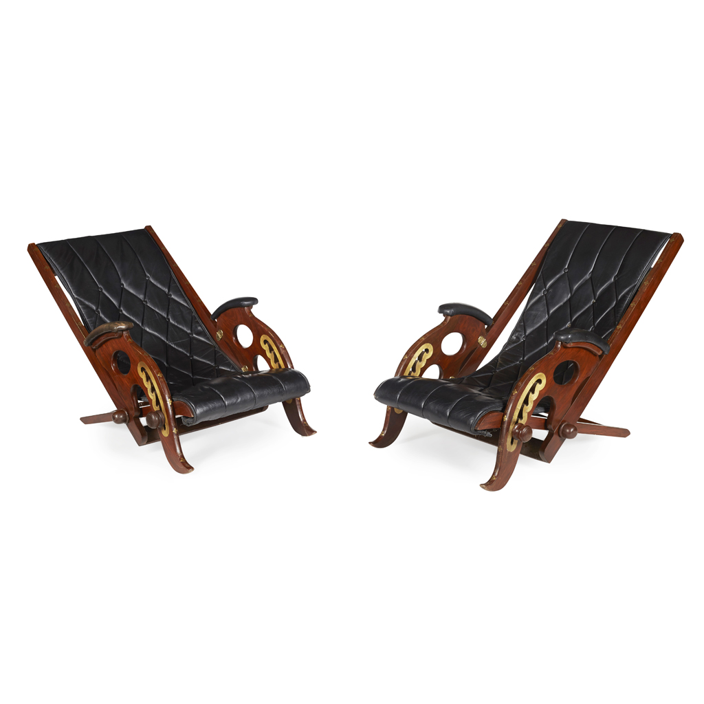 PAIR OF VICTORIAN MAHOGANY AND LEATHER DECK CHAIRS