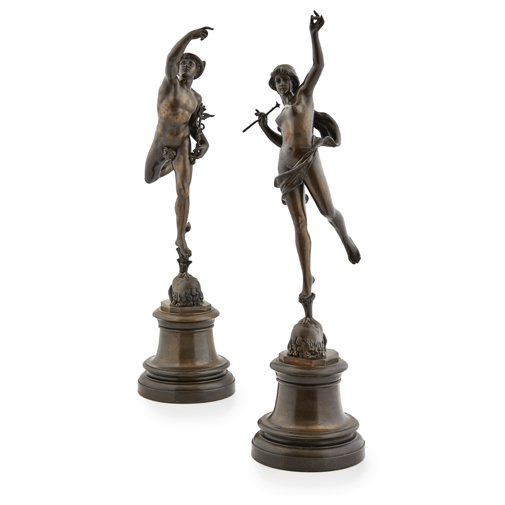 PAIR OF FRENCH BRONZE FIGURES OF MERCURY AND FORTUNA