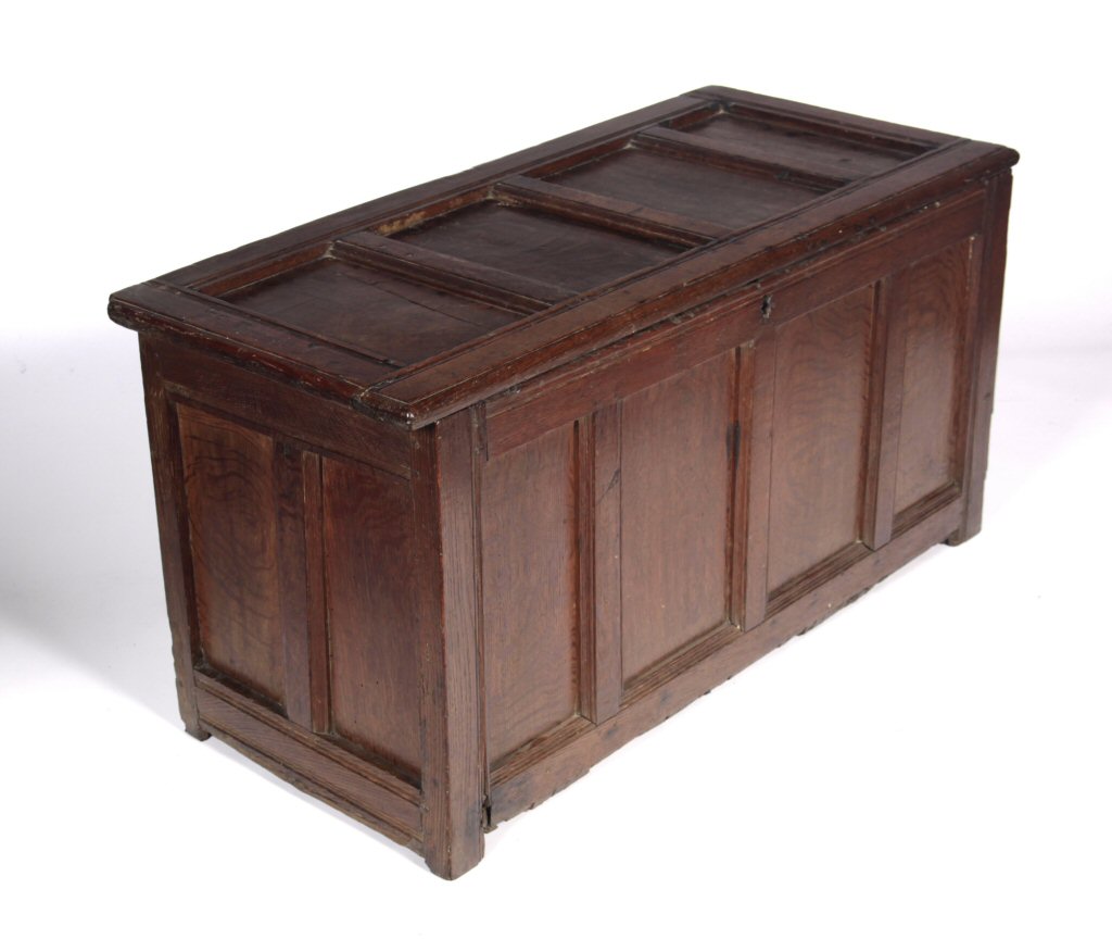 A 17th century oak panelled coffer