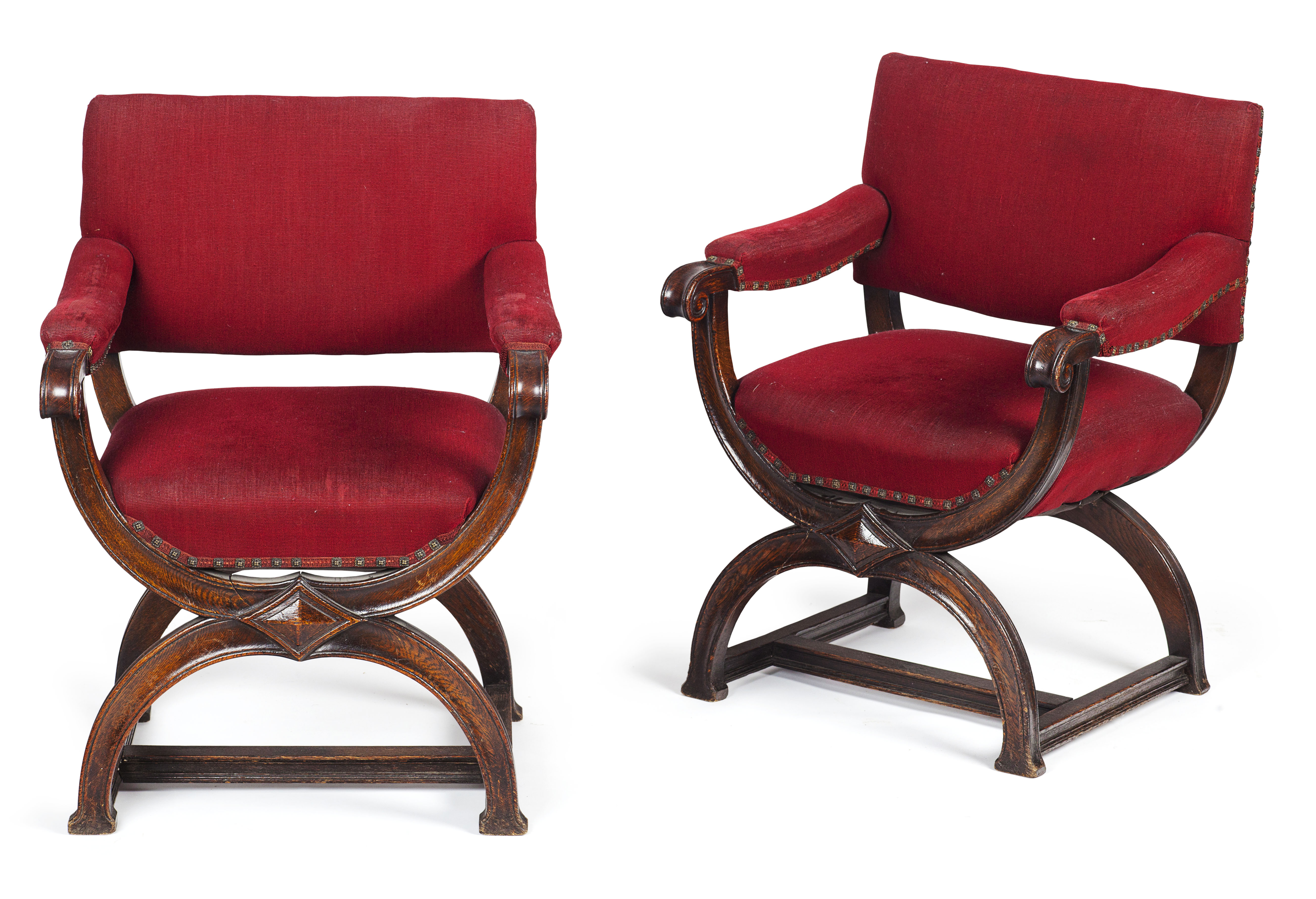 PAIR OF CHARLES II STYLE OAK X-FRAME ARMCHAIRS