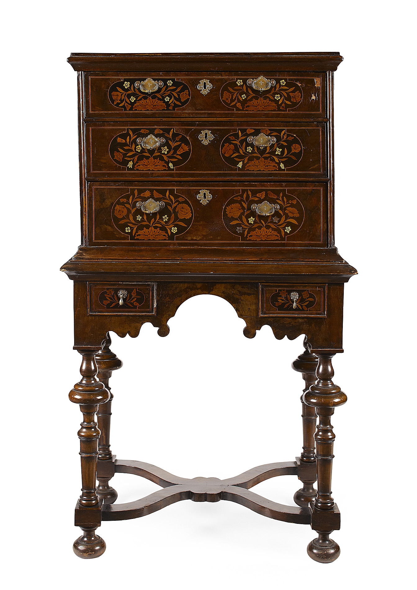 WALNUT AND MARQUETRY INLAID CHEST ON STAND