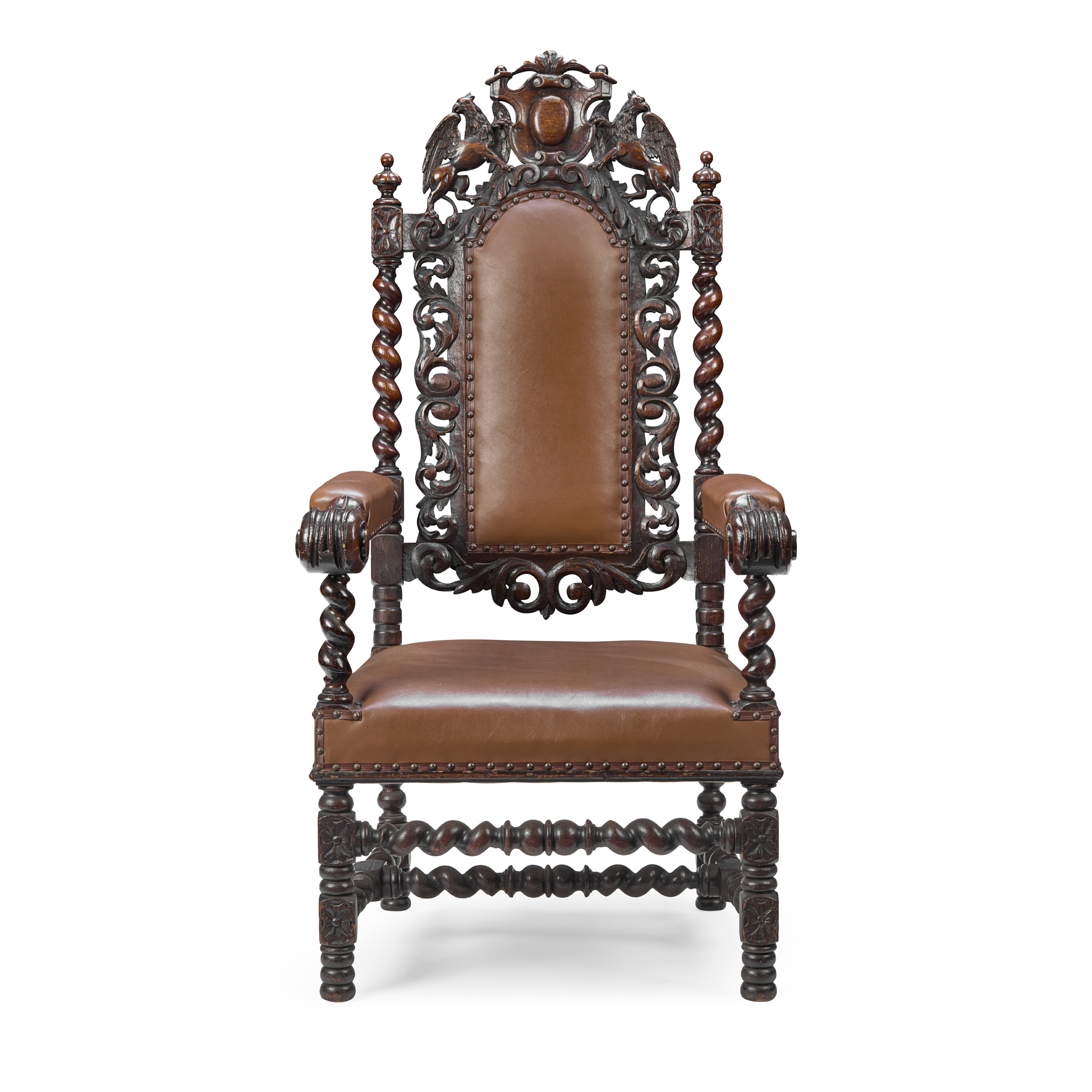 WILLIAM AND MARY STYLE CARVED OAK ARMCHAIR