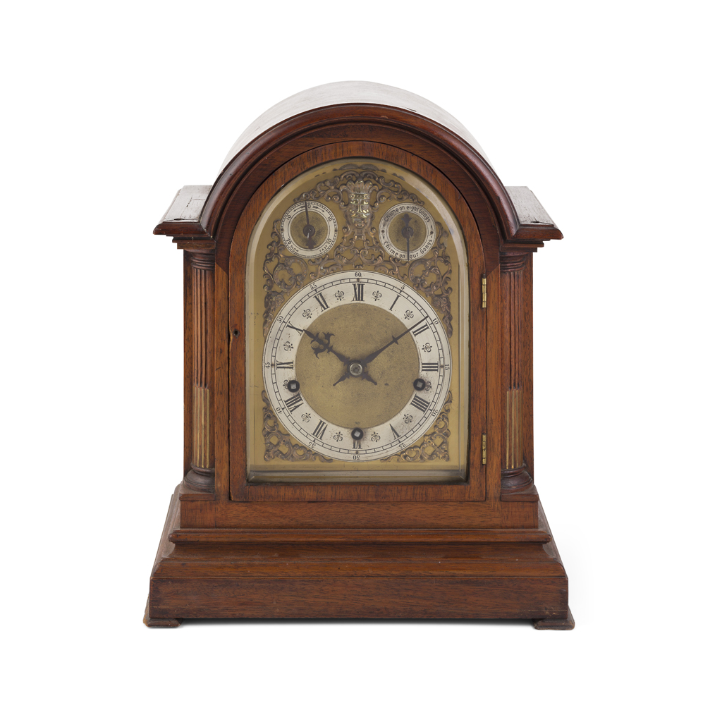 EDWARDIAN MAHOGANY CHIMING BRACKET CLOCK BY WINTERHALDER AND HOFMEIER