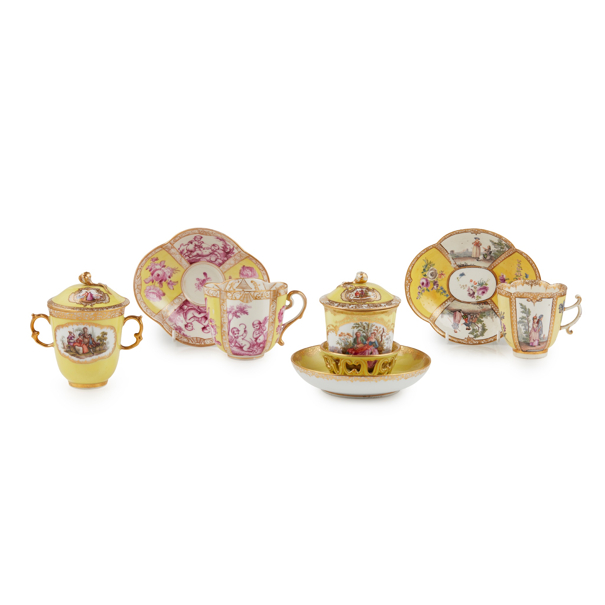 GROUP OF MEISSEN YELLOW GROUND CUPS AND SAUCERS