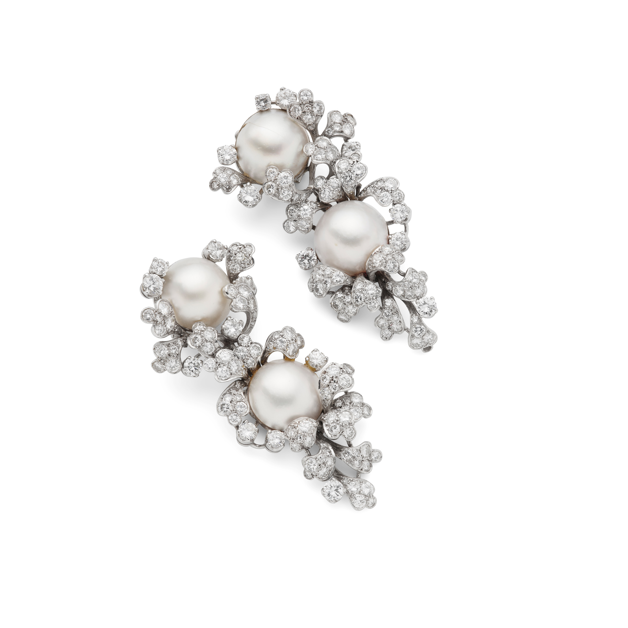 A pair of mabé pearl and diamond pendant earclips, circa 1955