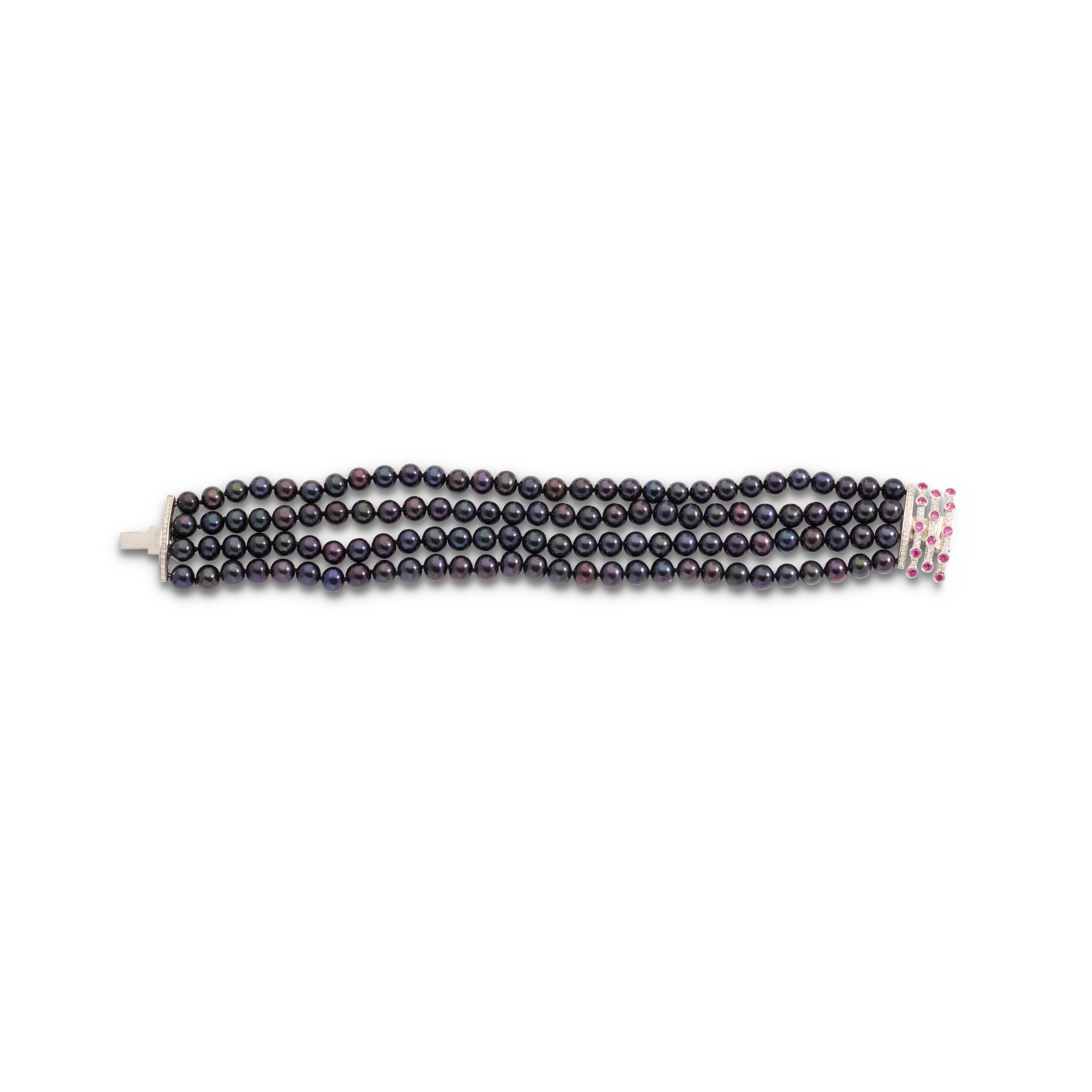 A cultured pearl, diamond and ruby bracelet