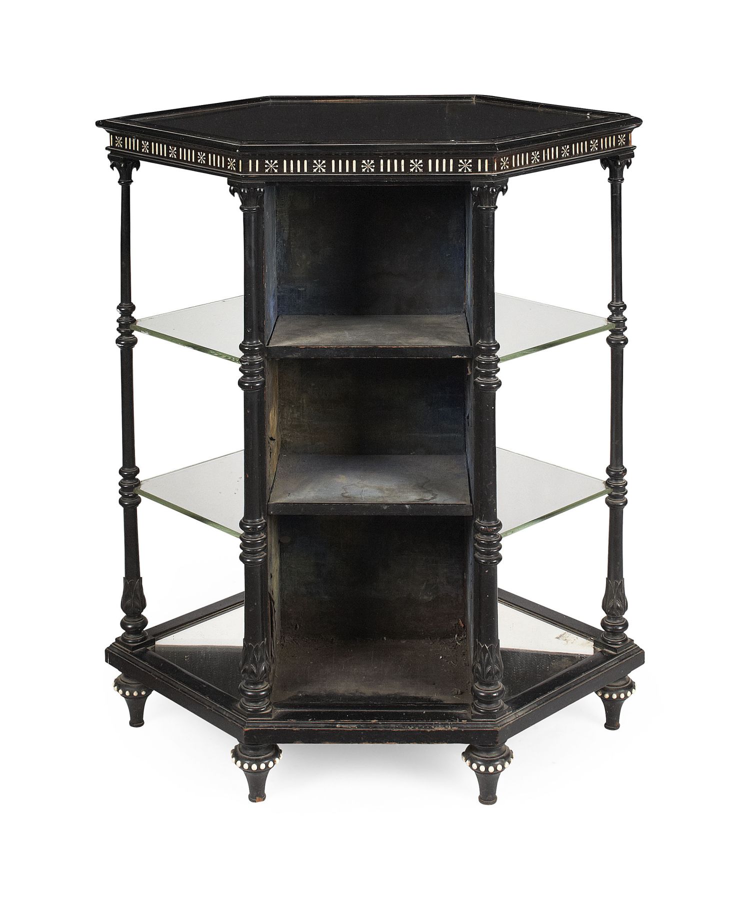 VICTORIAN EBONISED, IVORY INLAID AND MIRRORED DISPLAY STAND