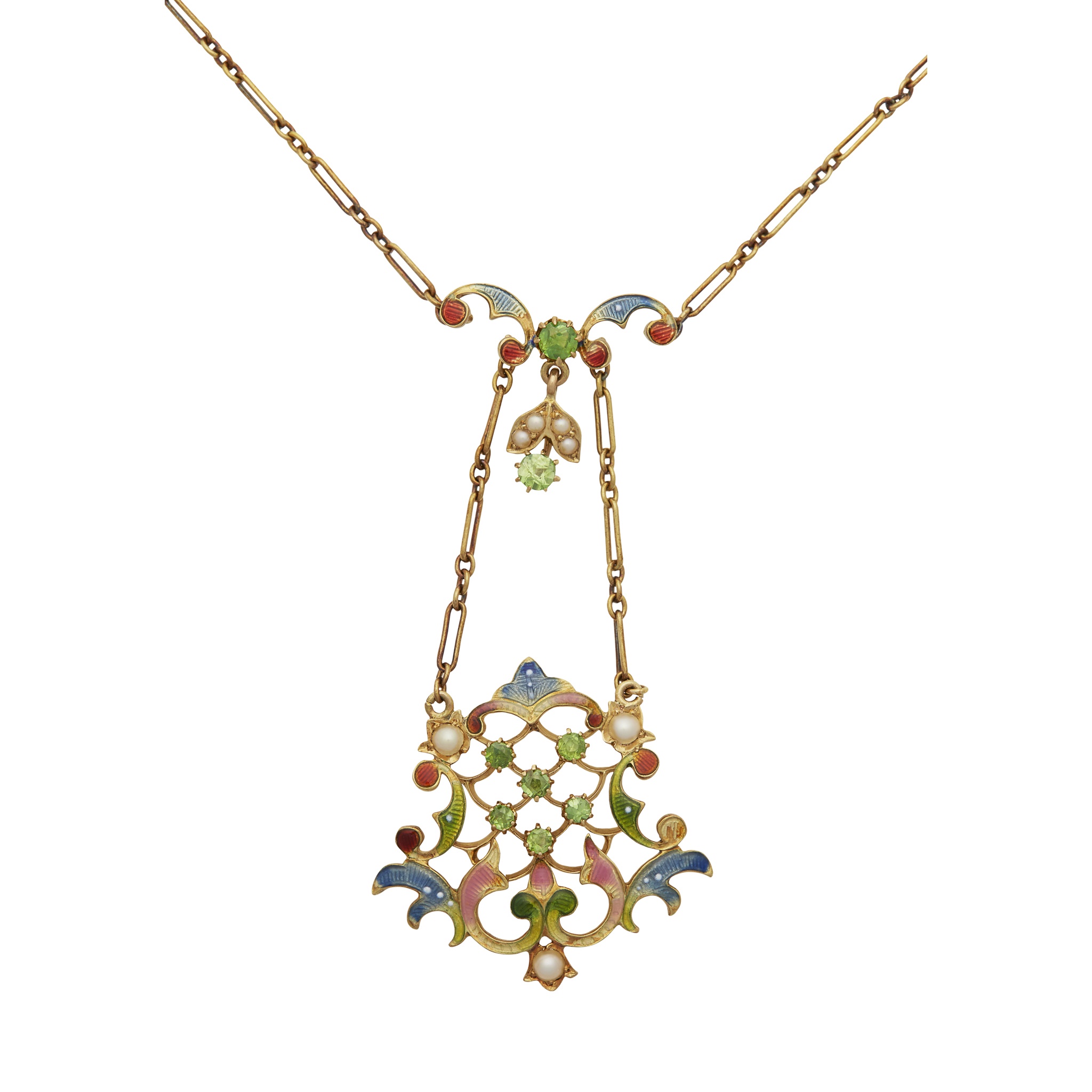 An early 20th century enamel and gem set pendant necklace