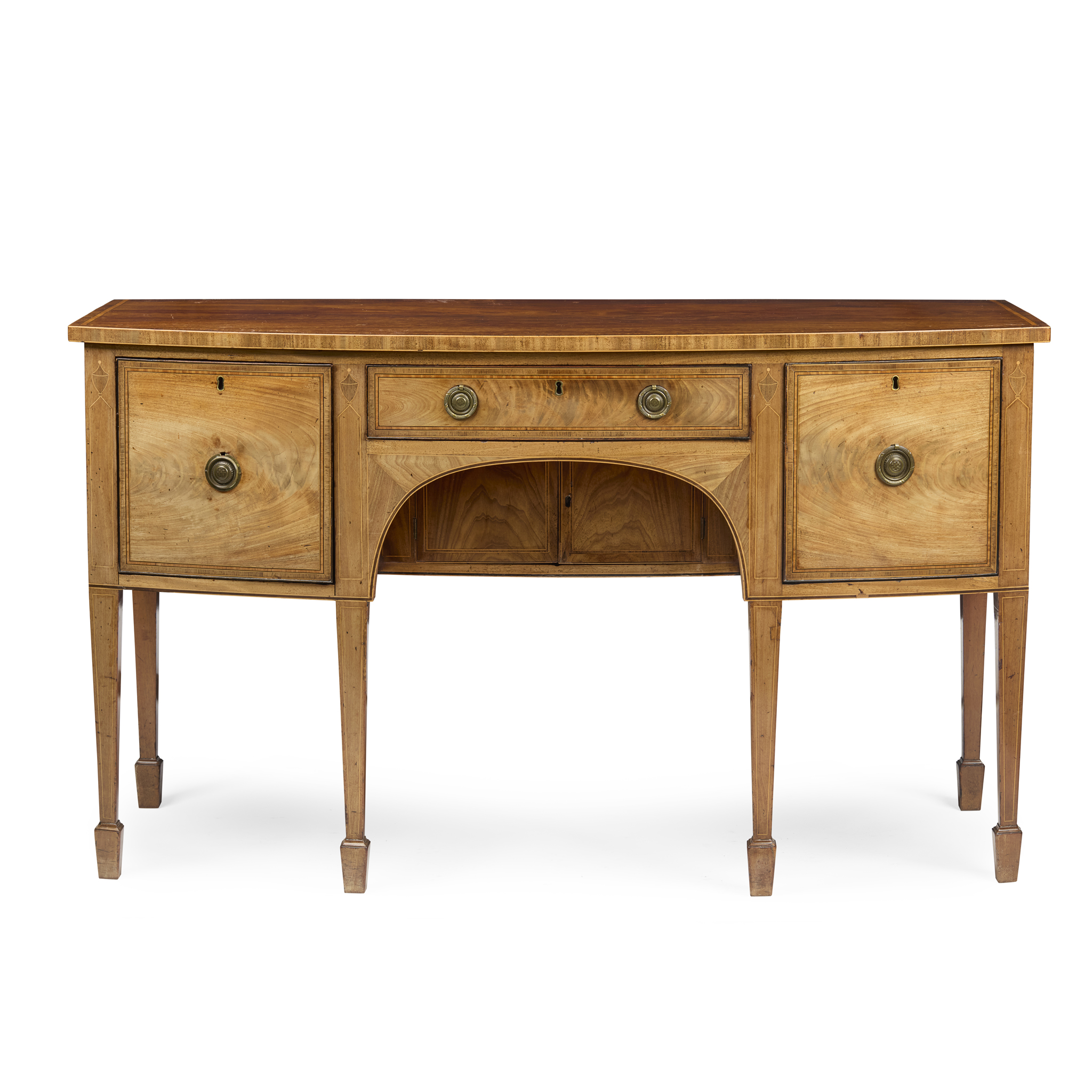 GEORGE III MAHOGANY, SATINWOOD, AND EBONY LINED BOWFRONT SIDEBOARD