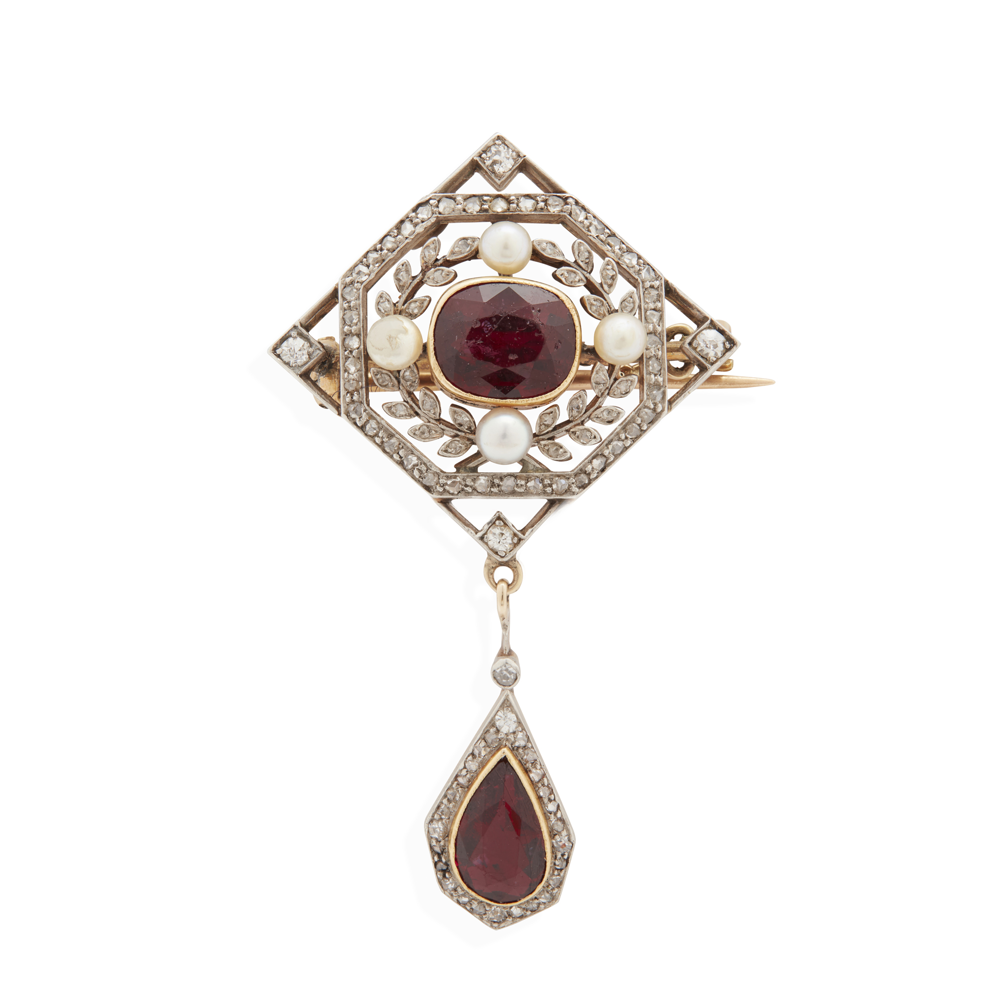 An early 20th century rubellite, diamond and cultured pearl pendent brooch