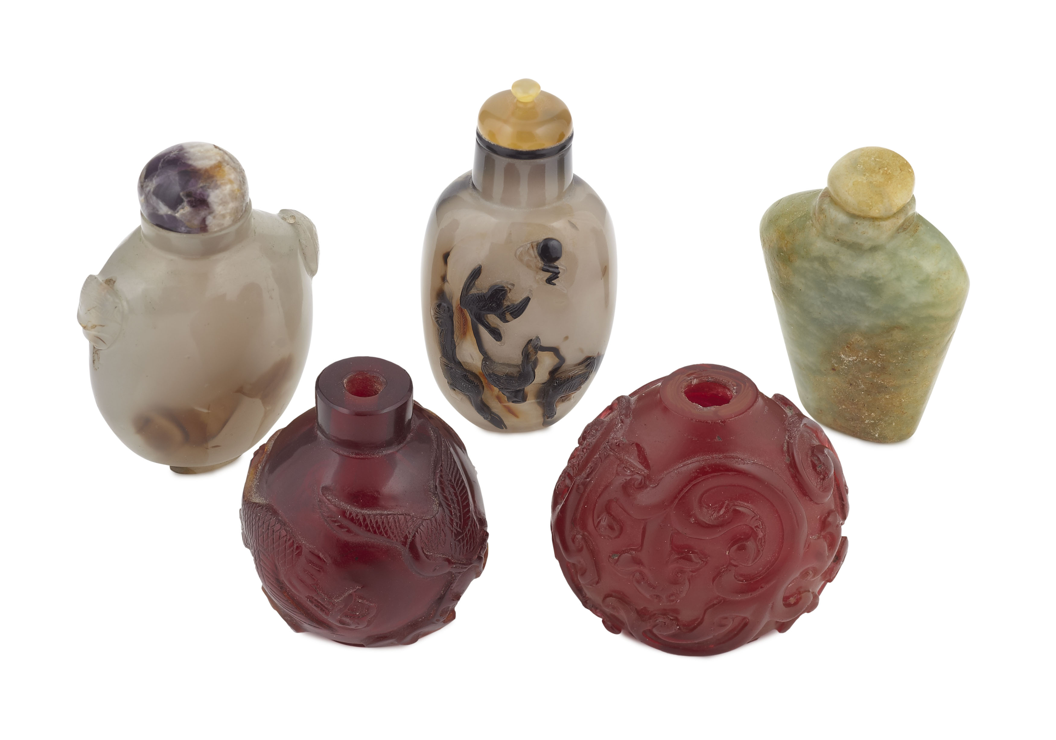 GROUP OF FIVE SNUFF BOTTLES