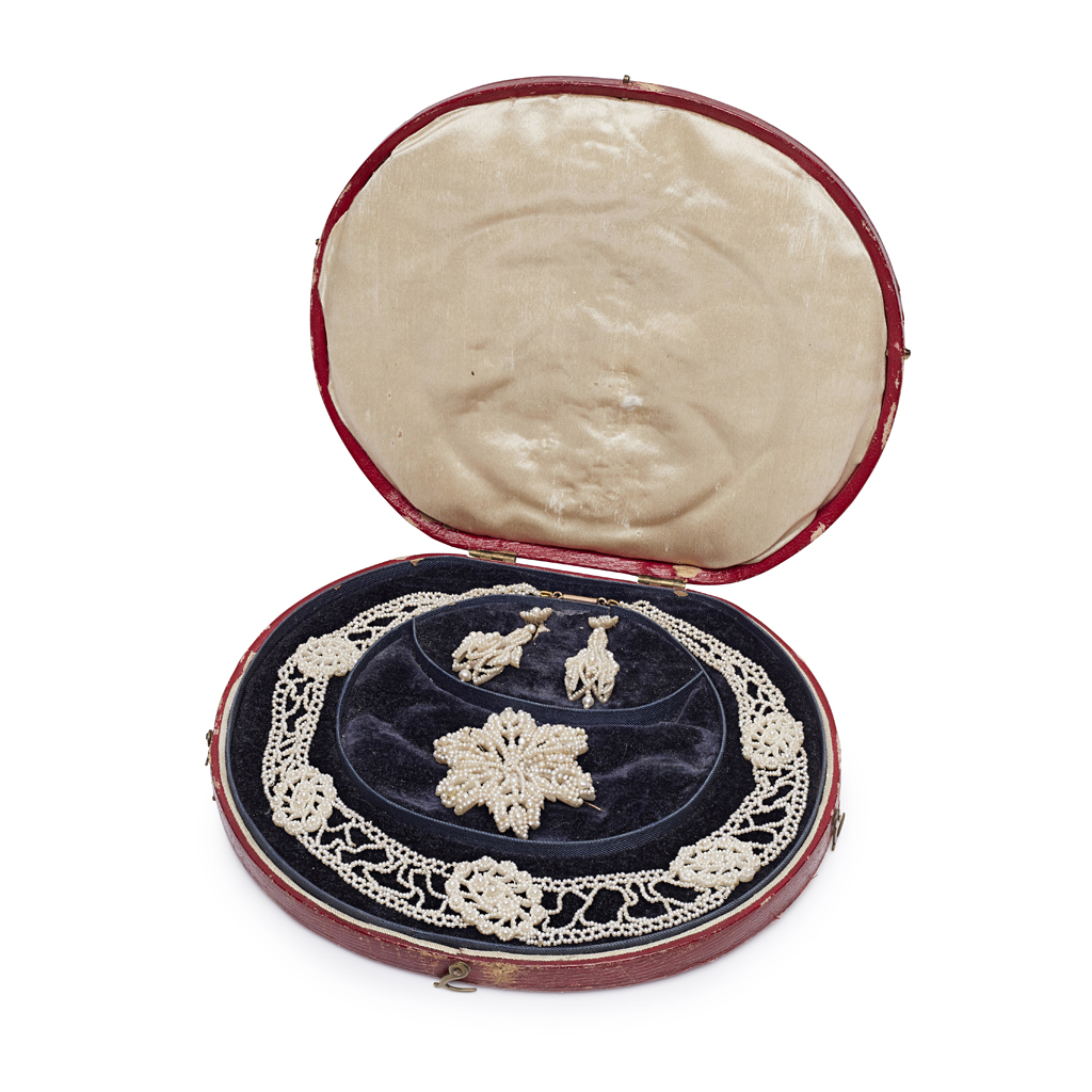 A cased Victorian seed pearl demi-parure